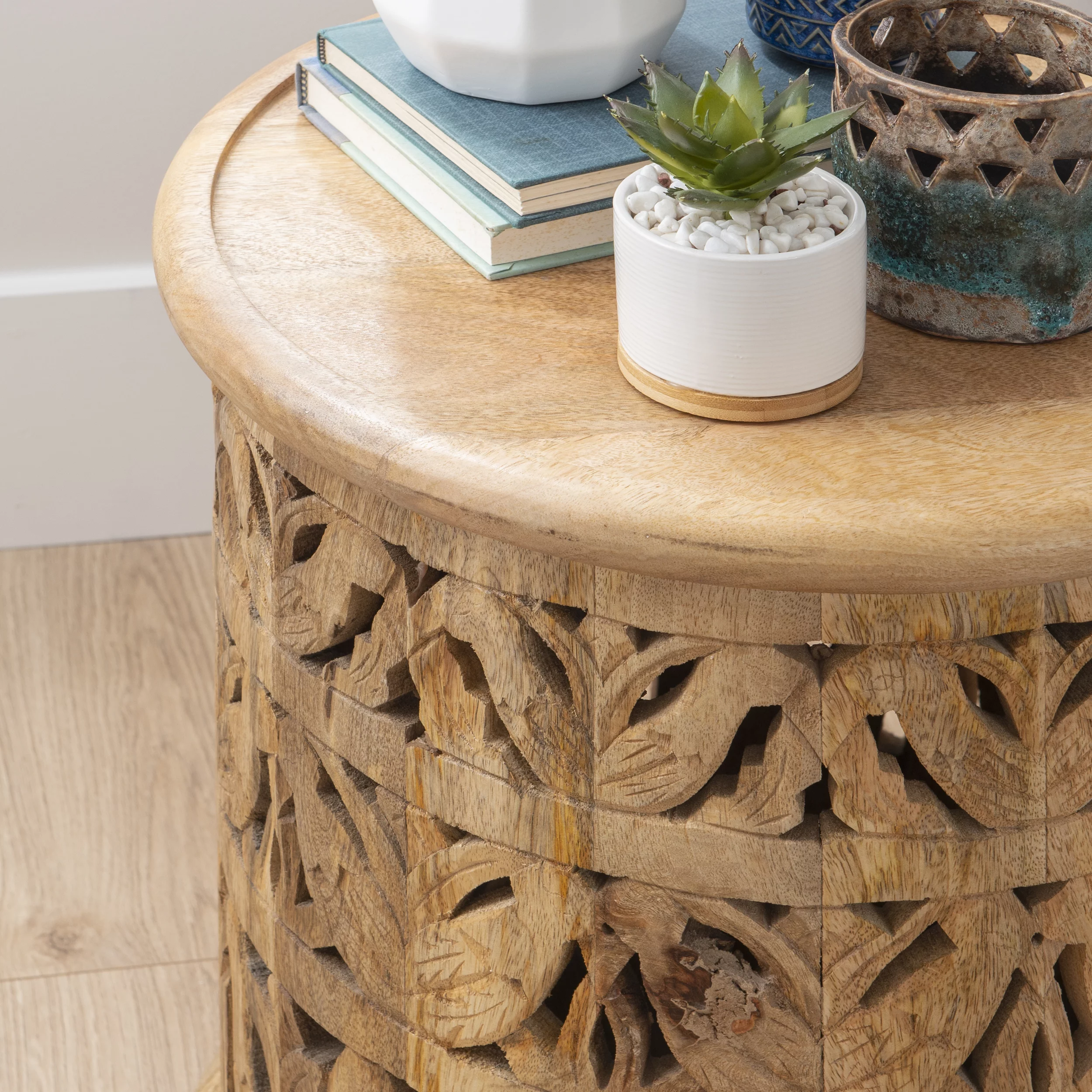 Powell Kersey Carved Wood Round Indoor End Table, 17