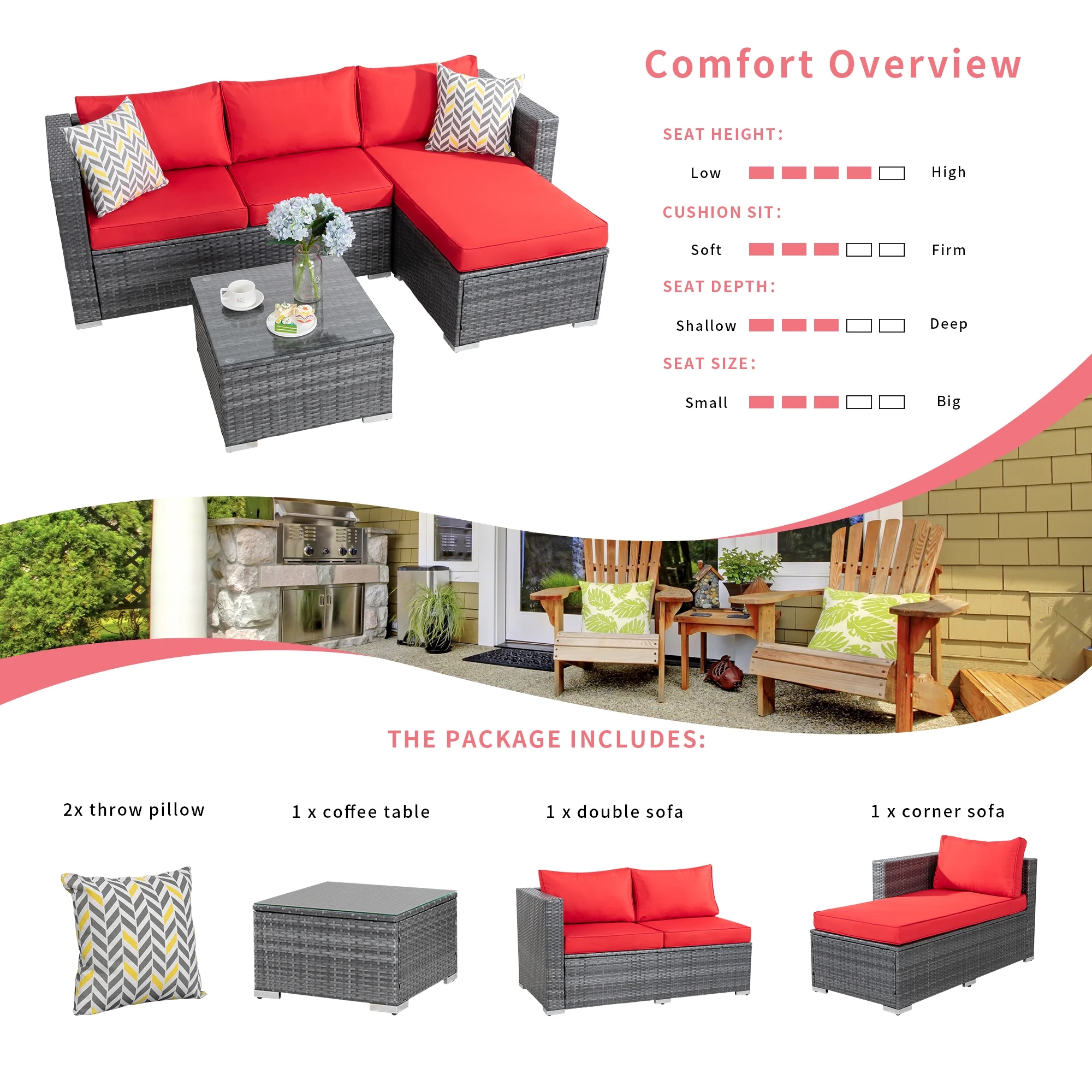 Outdoor Furniture Patio Sets,Low Back All-Weather Small Rattan Sectional Sofa with Tea Table&Washable Couch Cushions&Upgrade Wicker(Silver Rattan)