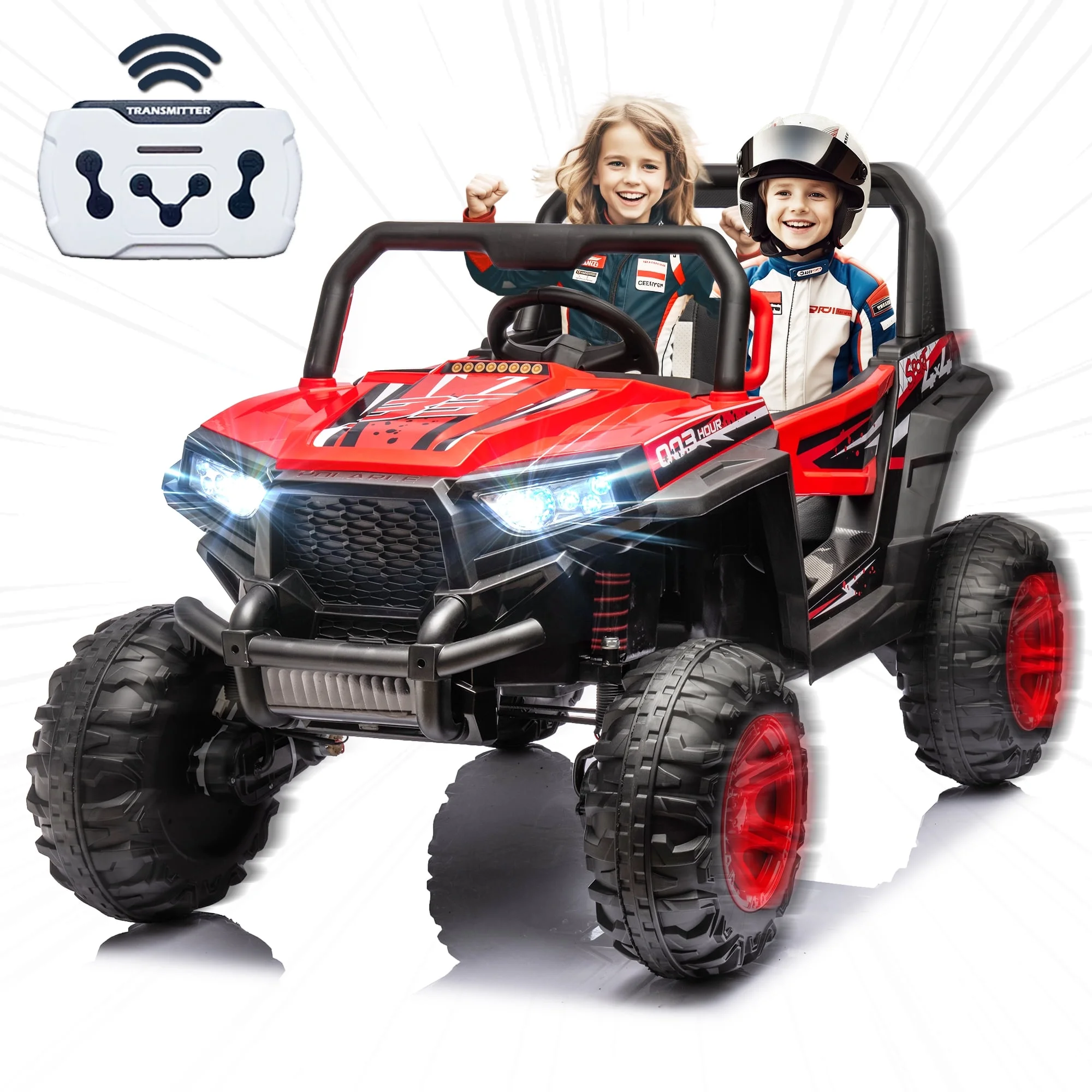 24V 2 Seater Ride on Car for Kids, 4 Wheel Drive Truck with Leather Seat and Remote Control, 24V Battery Powered Off-Road UTV Toy with LED Lights, Music, High and Low Speed, Spring Suspension, Red