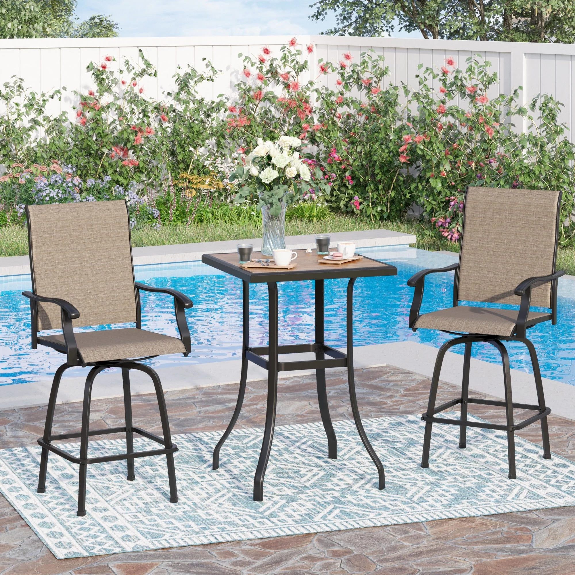 Sophia & William 3 Piece Outdoor Bar Set Patio Bar Height Swivel Chairs and Table Bistro Set