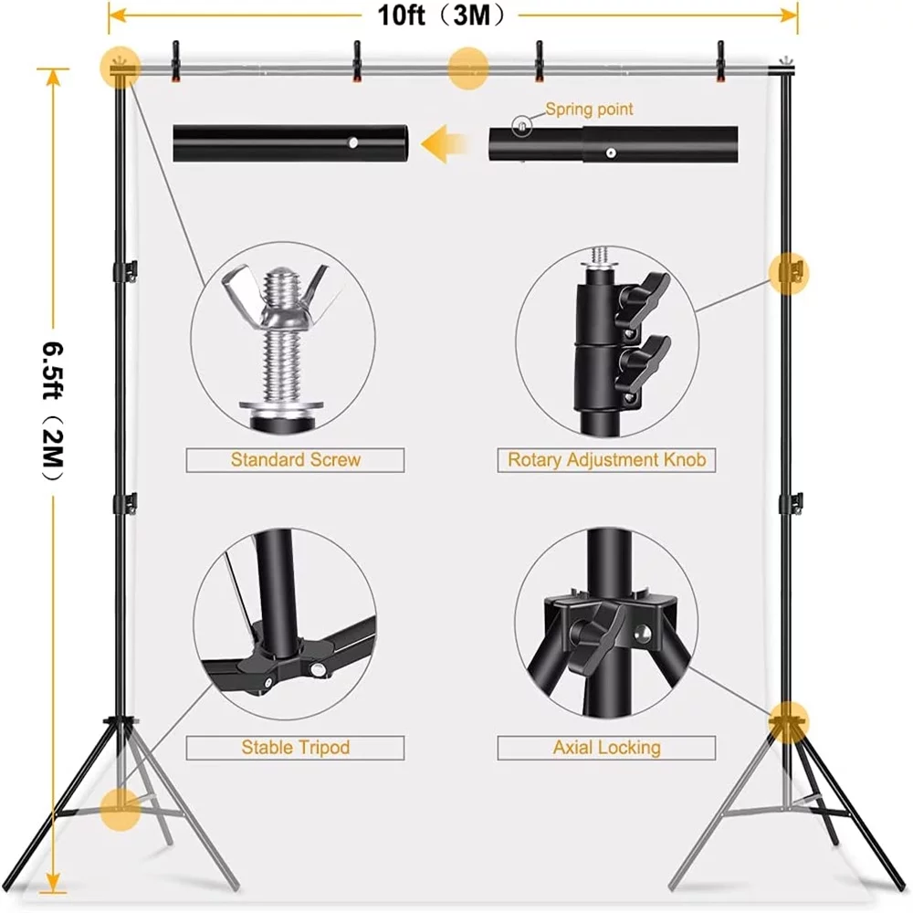 Background Stand, Photography Support Stand Photo Screen Backdrop Stand Kit 6.5 x 10 ft Adjustable Photography Background Support Stand for Outdoor Indoor Black Lidlife