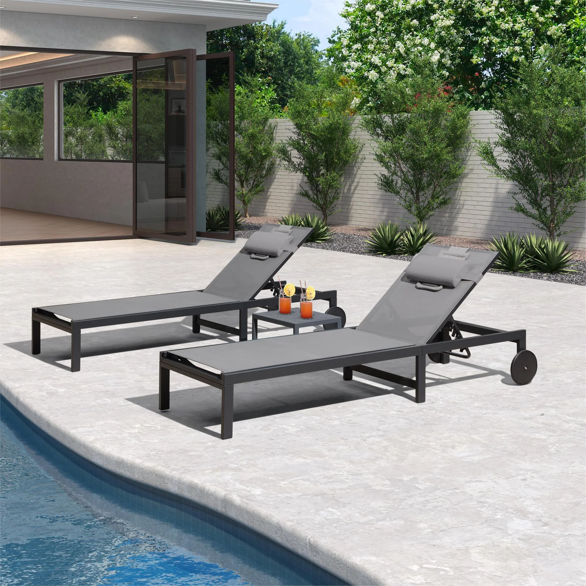 PURPLE LEAF Outdoor Tanning Lounge Chair Set with Face Hole Aluminum Adjustable Reclining Lounger for Poolside Beach Sunbathing with Wheels Pillows and Table Patio, Grey