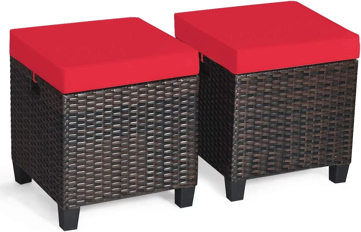 2 Pieces Outdoor Patio Ottoman, All Weather Rattan Wicker Ottoman Seat, Patio Rattan Furniture, Outdoor Footstool Footrest Seat w/ Removable Cushions