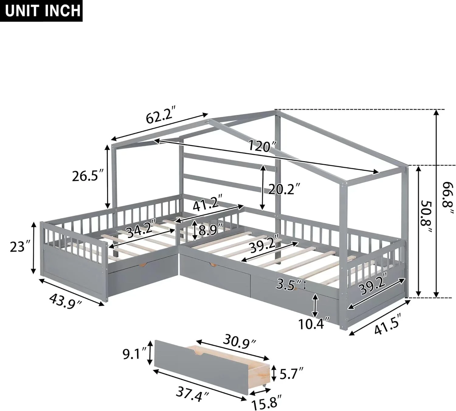 Shaped Twin Bed for 2 Kids, Twin Size House Platform Bed with 3 Storage Drawers, Wood Double Twin Beds with Fence and Roof, Corner Twin Bed for Kids, Teens, Boys & Girls