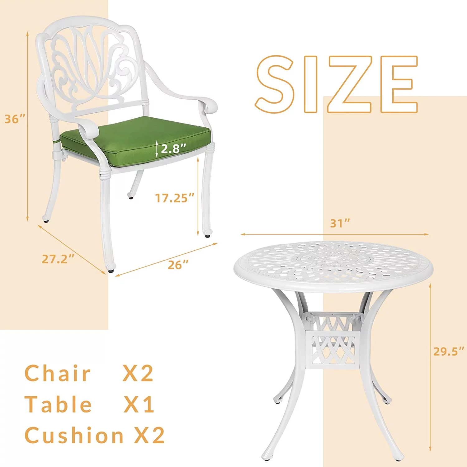 W WARMHOL 3-Piece Outdoor Patio Dining Set, All-Weather Cast Aluminum Patio Furniture Set for Backyard Garden Deck with 2 Cushioned Chairs and 30.8