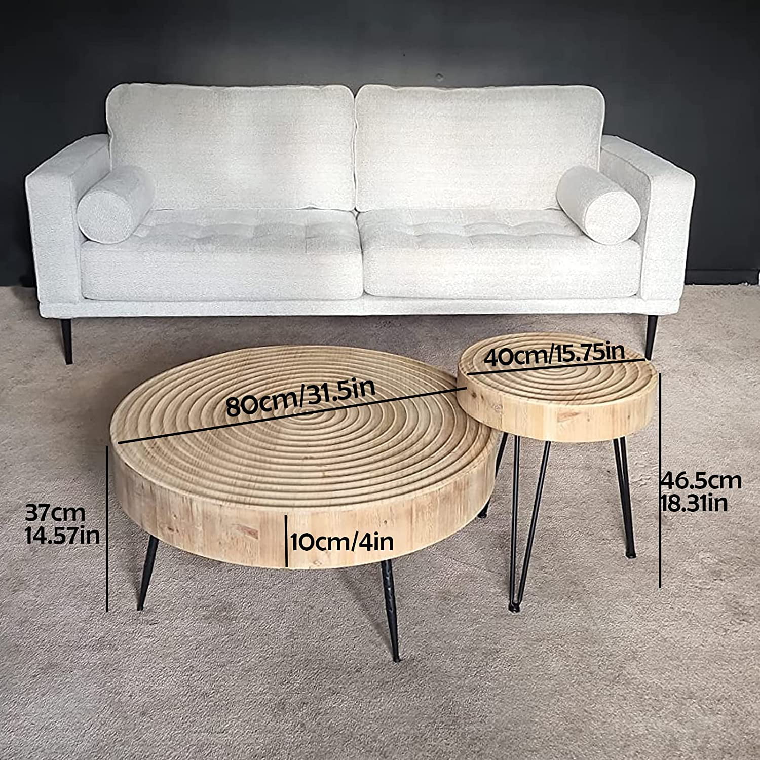 2-Piece Farmhouse Wooden Coffee Table Set,Boho Coffee Table,Living Room Round Coffee Table Set,Nesting Table Round Wooden Finish with Ring Motif (Wood 1)