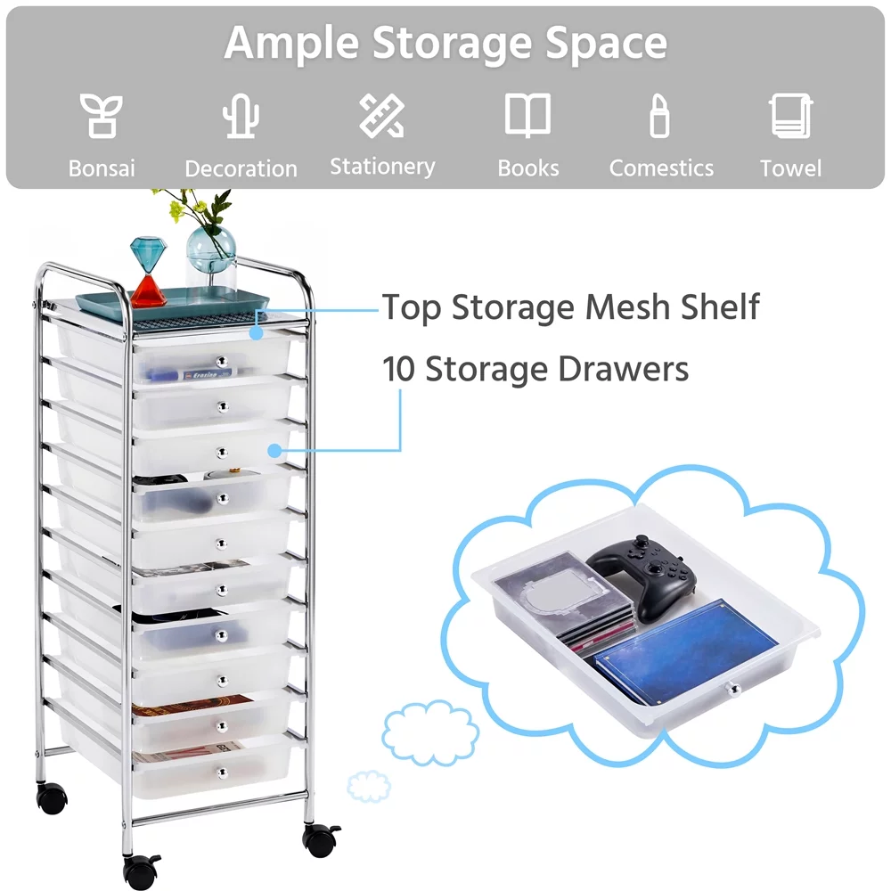 SmileMart 10 Drawer Rolling Storage Cart Organizer with Lockable Wheels, White