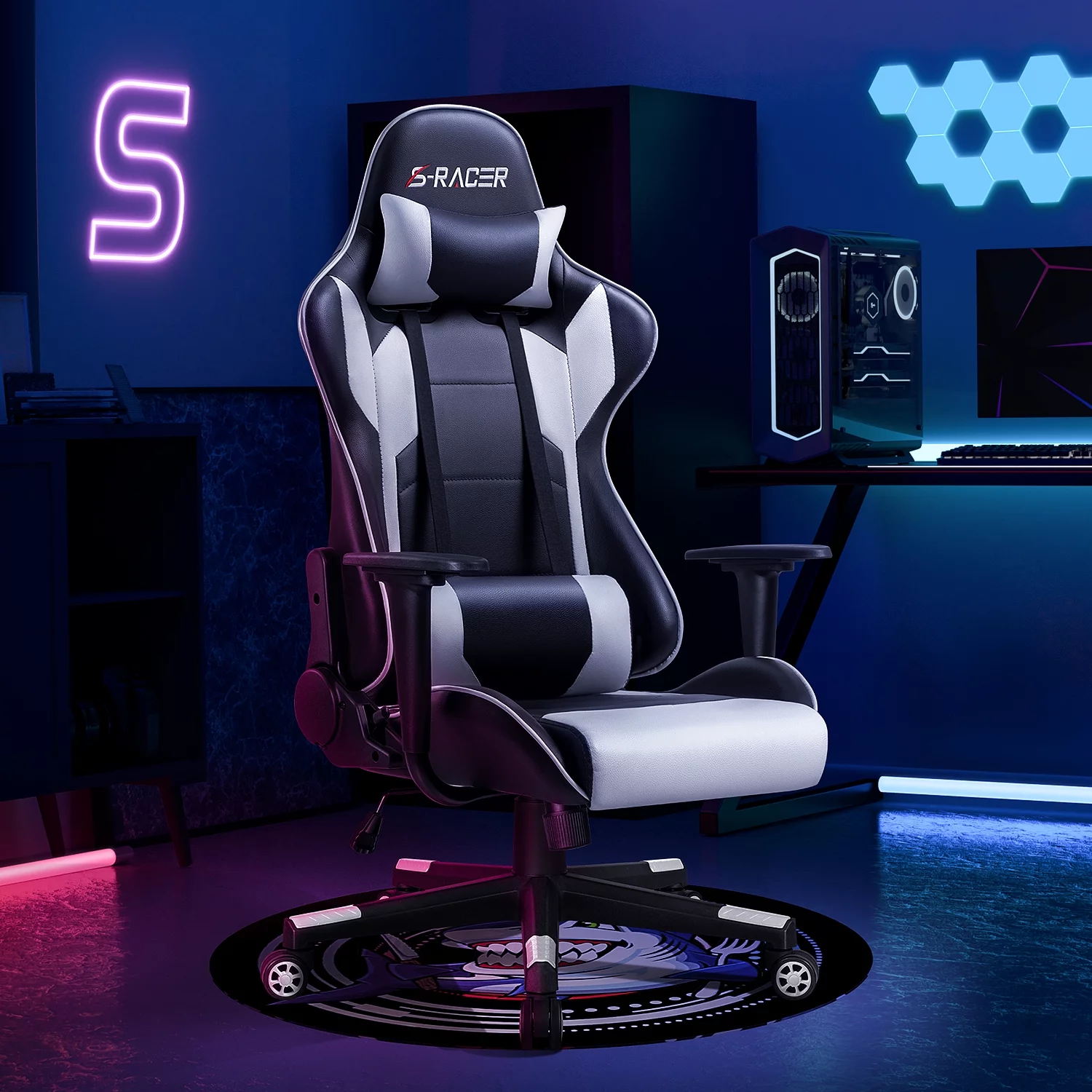 Homall Gaming Chair Office Chair High Back Computer Chair Leather Desk Chair Racing Executive Ergonomic Adjustable Swivel Task Chair with Headrest and Lumbar Support, White