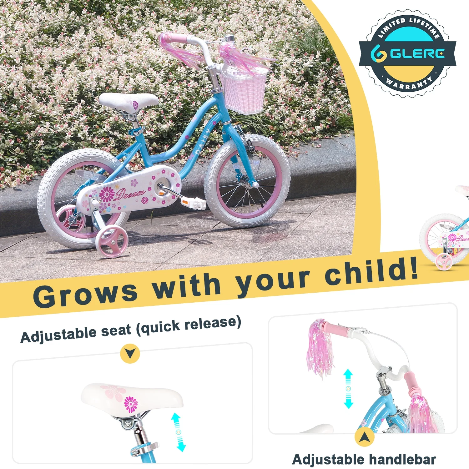 Glerc Daisy 14 Inch Girls Bike Ages 2 3 4 5 6 Years Old Kids Bicycle Princess Style with Training Wheels & Basket & Streamers & Bell for Birthday, Blue