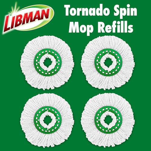 Libman Tornado Spin Mop Refills-Case of 4-Microfiber Head, Easy to Replace, Machine Washable, Green & White, (Pack of 4)