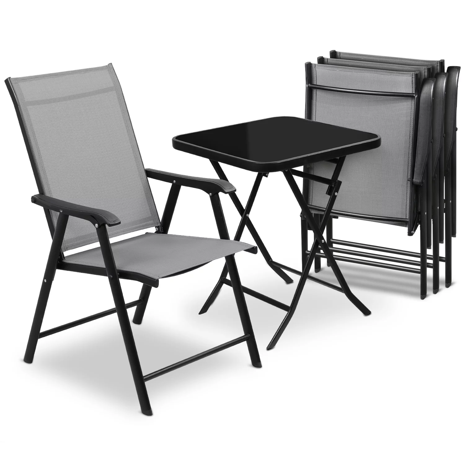 MoNiBloom 5 Pieces Patio Bistro Dining Furniture Set, W/ Tempered Glass Tabletop and Foldable Metal Chairs, for Backyard, Gray