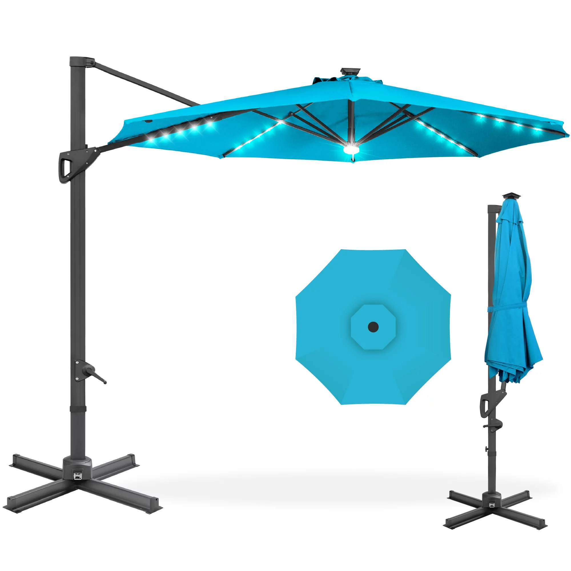 Best Choice Products 10ft 360-Degree Solar LED Lit Cantilever Patio Umbrella, Outdoor Hanging Shade - Sky Blue