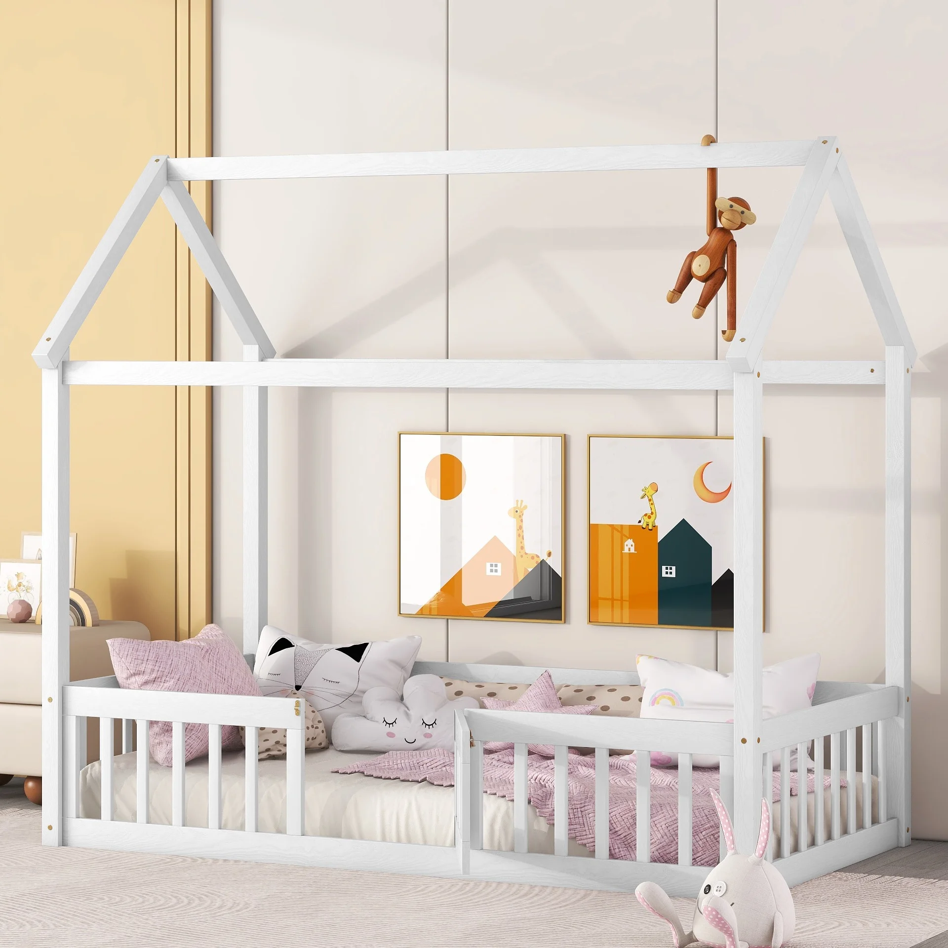 Montessori Bed/Twin House Floor Bed for Toddlers, Kids Girls, Boys,Montessori Floor Bed with Rails and Door,Toddler House Bed(White)