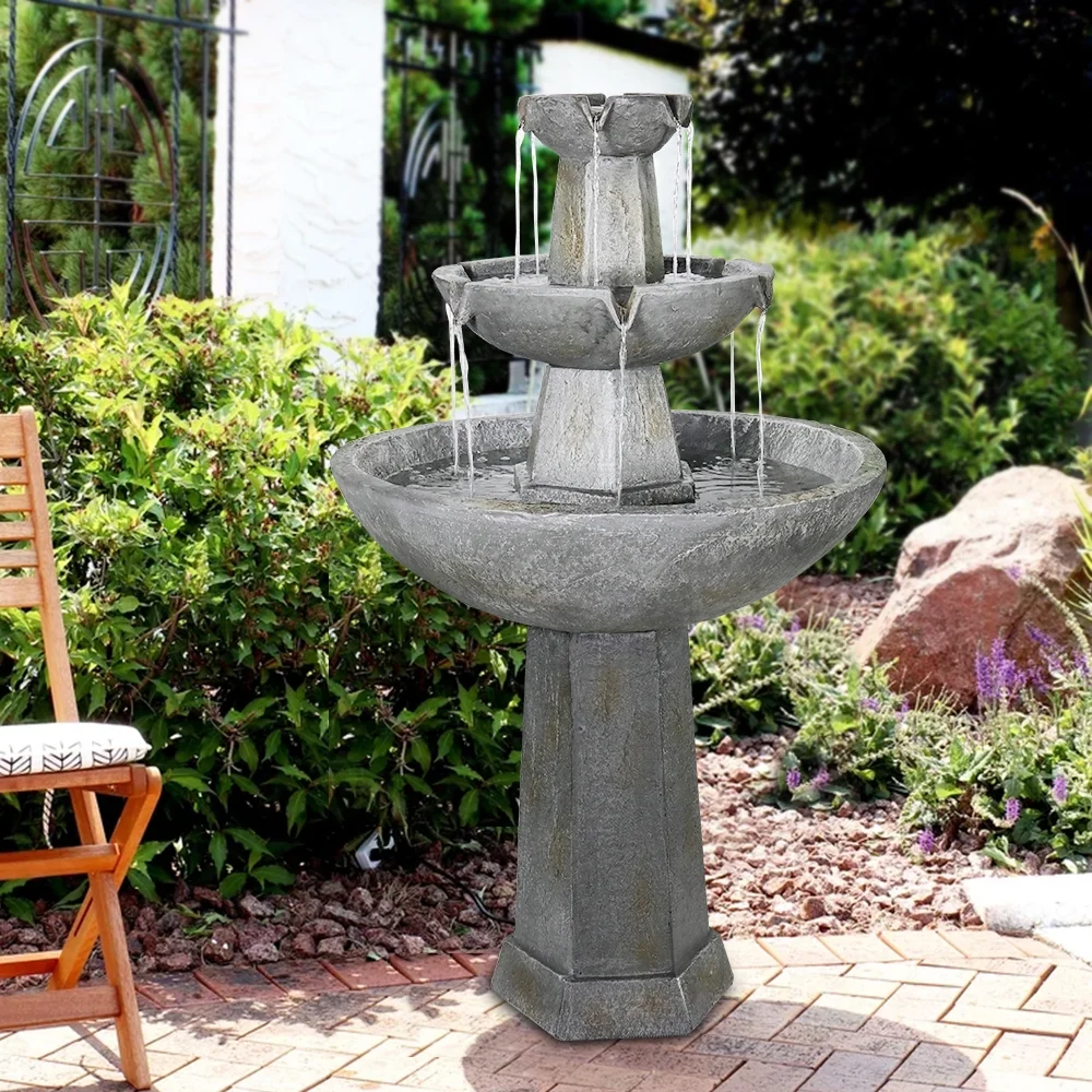 3 Tier Freestanding Waterfall Fountain, 43.3in H Outdoor Fountain with Bird Bath Decor for Garden Patio Backyard Deck Home Lawn Porch