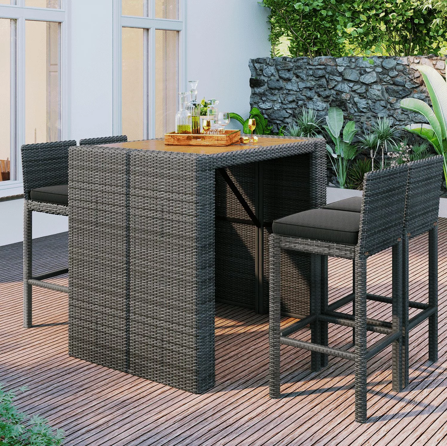 Euroco 5-pieces Outdoor Patio Wicker Bar Set, Bar Height Chairs with Removable Cushion, Acacia Wood Table Top, Gray