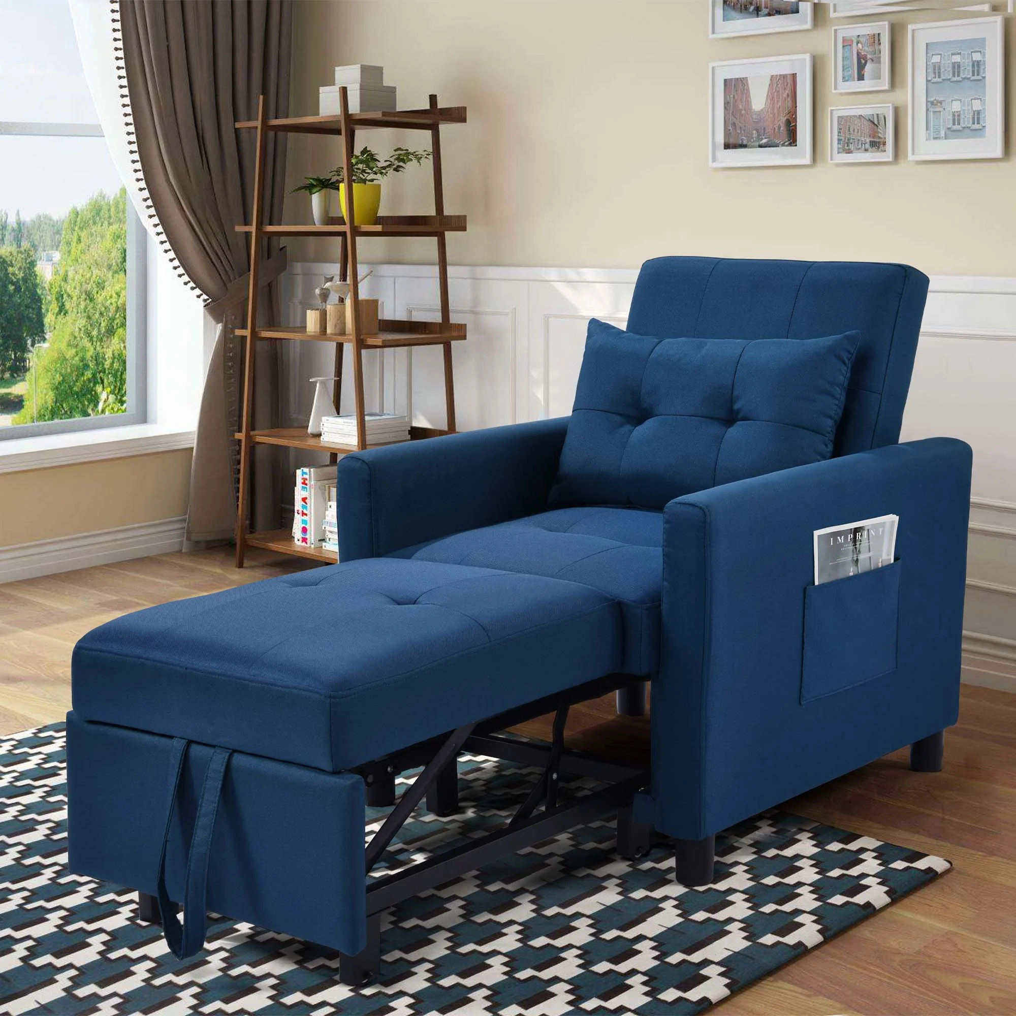 Aukfa Single Sofa Bed with Pull Out Sleeper, Convertible Futon Chair with Pocket for Living Room/Small Space - Blue