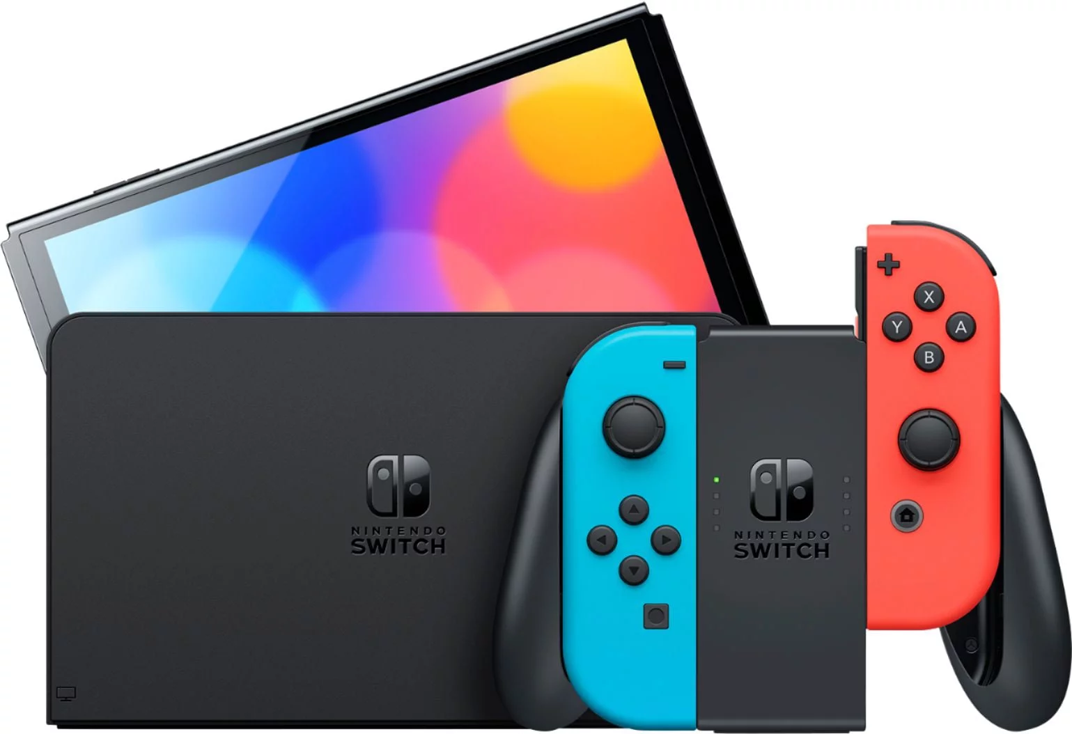 2021 New Nintendo Switch OLED Model Neon Red & Blue Joy Con 64GB Console HD Screen & LAN-Port Dock with Luigi's Mansion 3 And Mytrix Wireless Switch Pro Controller and Accessories