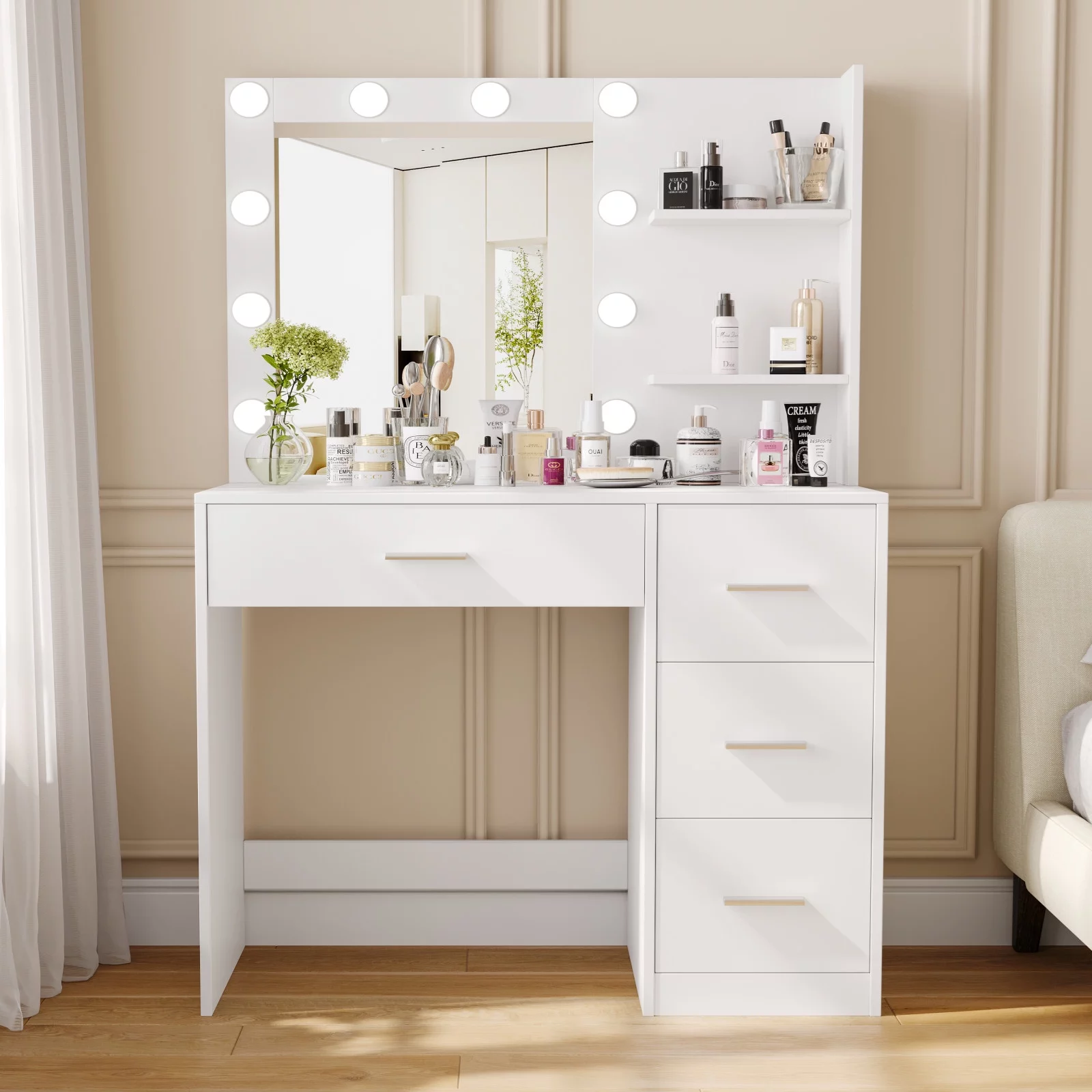 Rovaurx Makeup Vanity Table with Lighted Mirror, Makeup Vanity Desk with Storage Shelf and 4 Drawers, Bedroom Dressing Table, 10 LED Lights, White RSZT104W