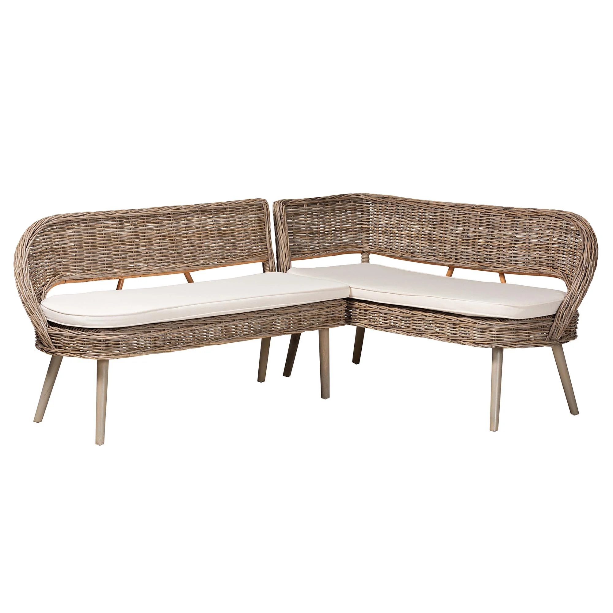 bali & pari Raisa Rattan BOHO Dining Nook Banquette Set, Greywashed