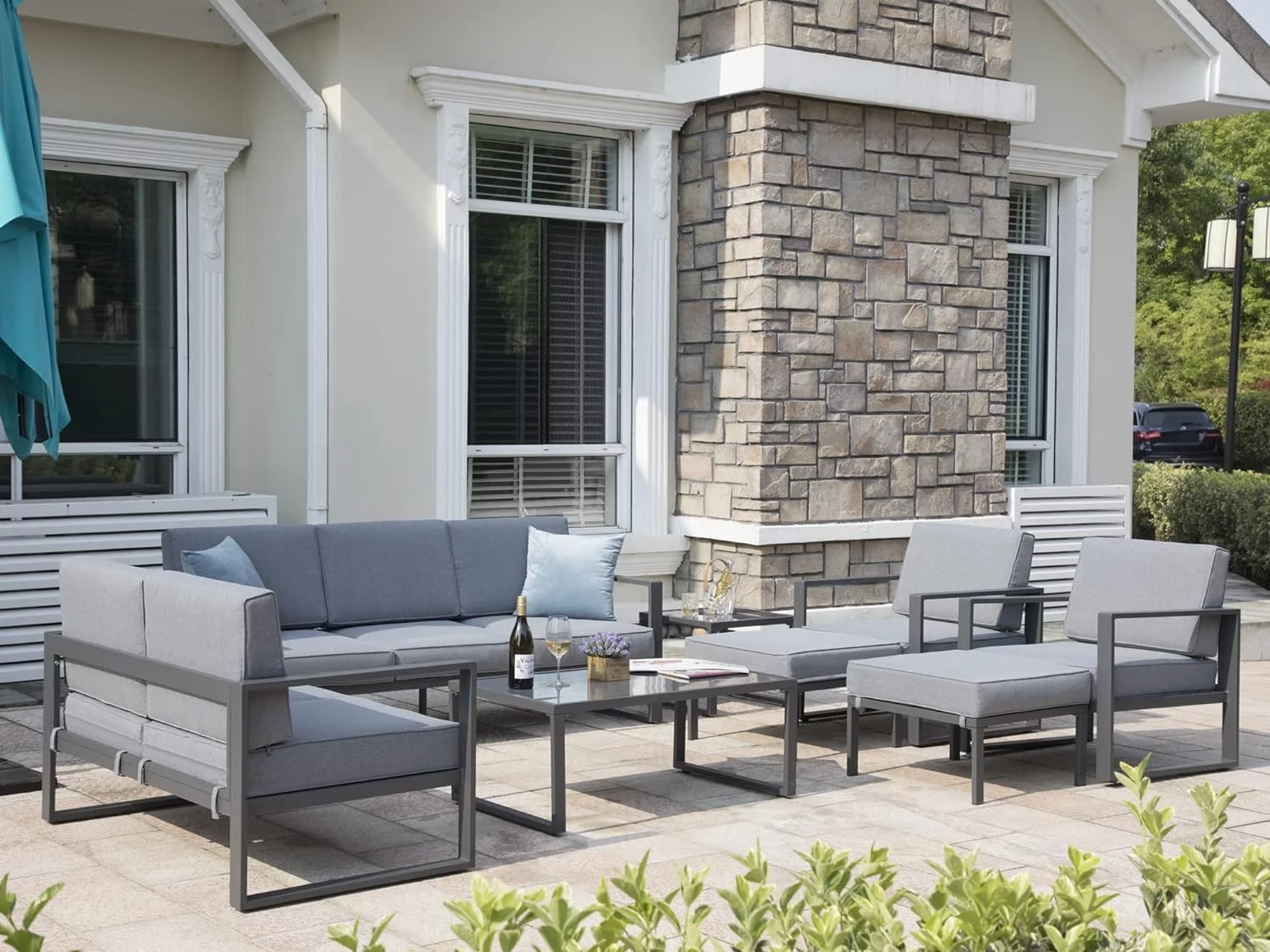 Royalcraft Aluminum Patio Furniture Set, 8 Pieces Outdoor Conversation Set All-Weather Modern Metal Couch Outdoor Sectional Sofa with Ottomans and Coffee Table (Grey)