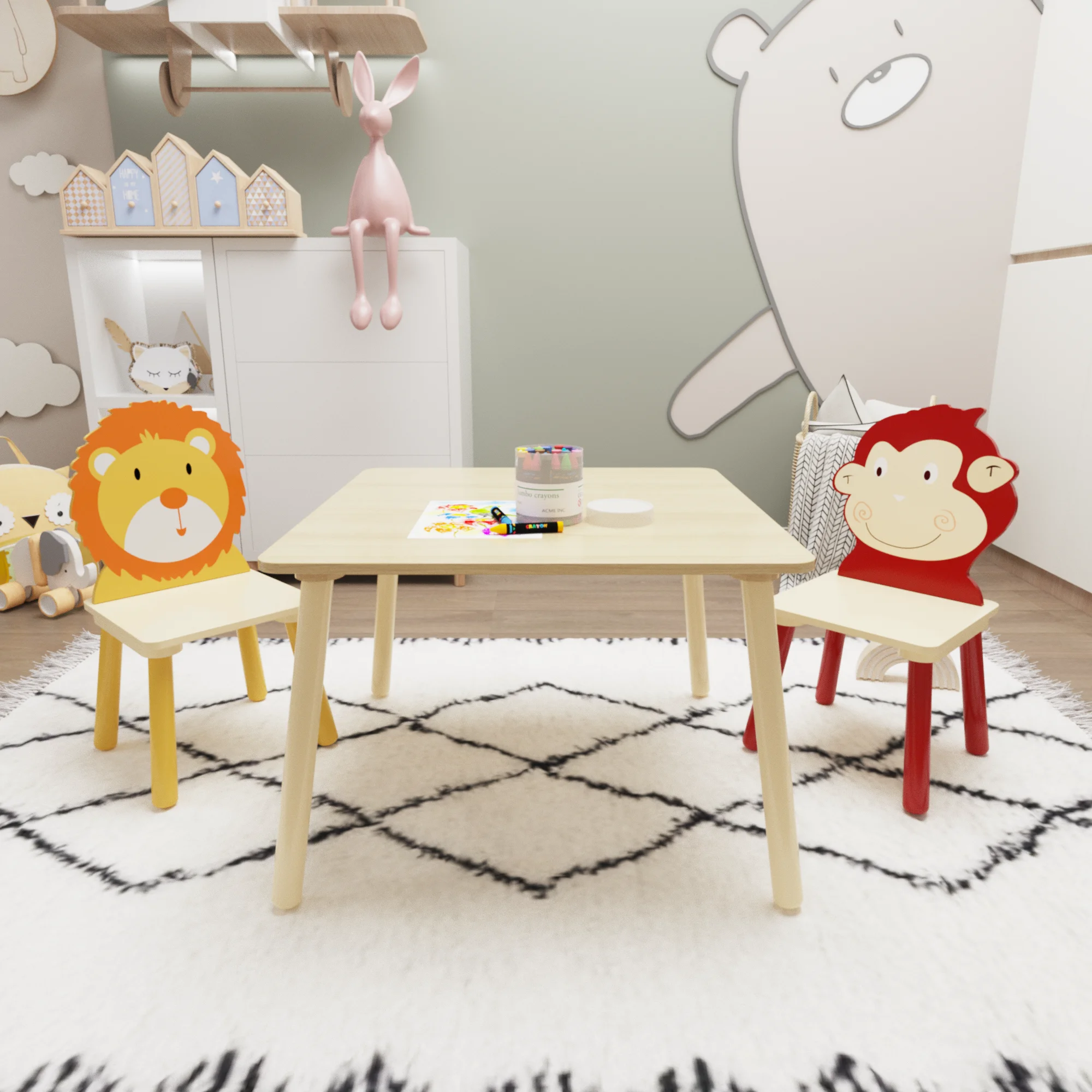 Kids Table and 2 Chairs Set - 3-Piece Toddler Wooden Activity Play Table Set(Lion & Monkey)
