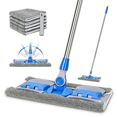 Professional Microfiber Hardwood Floor Mop, Flat Mops with 5 Pieces Reusable Washable Pads for Home and Office Wet or Dry Floor Cleaning (Sky Blue)