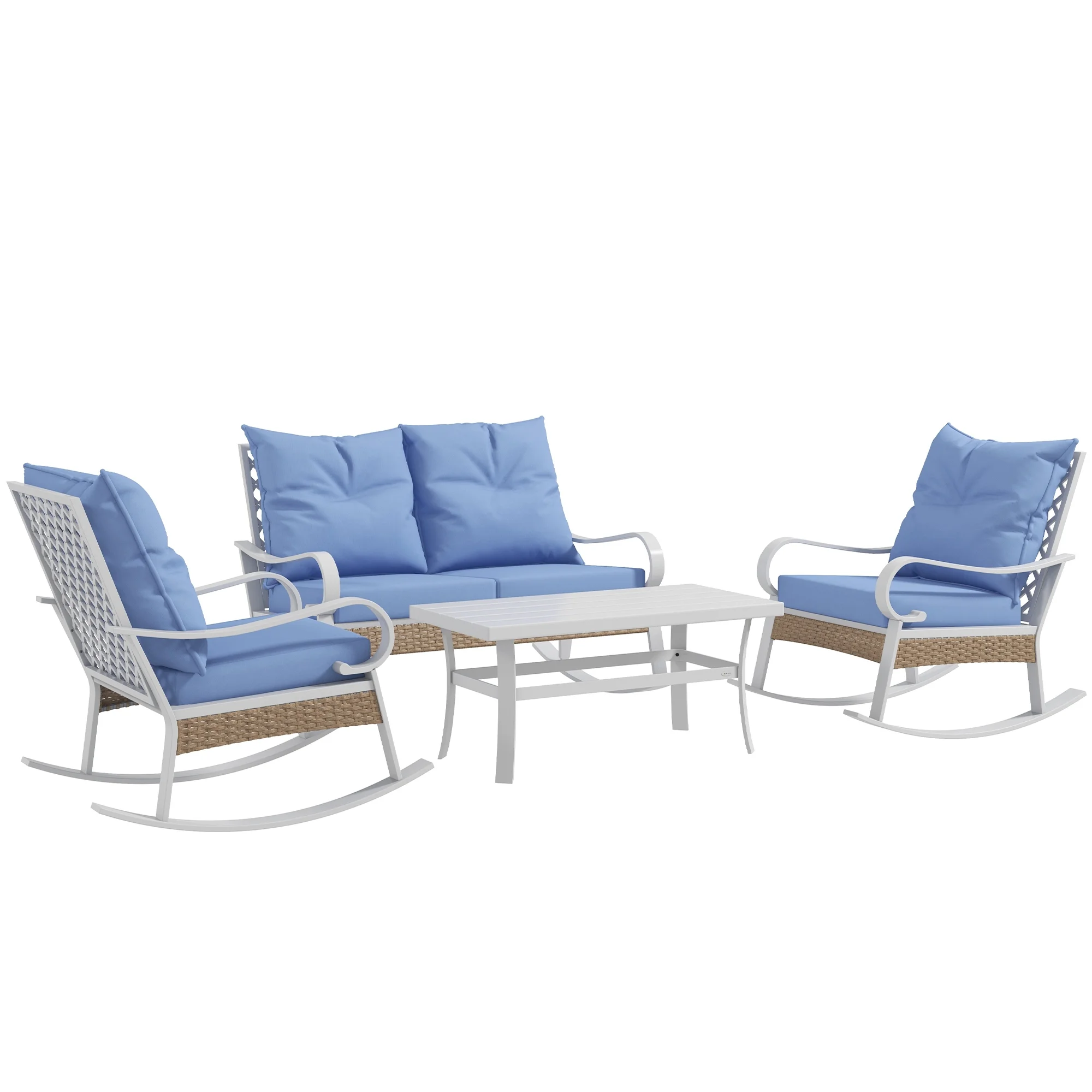 Outsunny 4pc Patio Furniture Set with Loveseat Sofa, Rocking Chairs, Blue