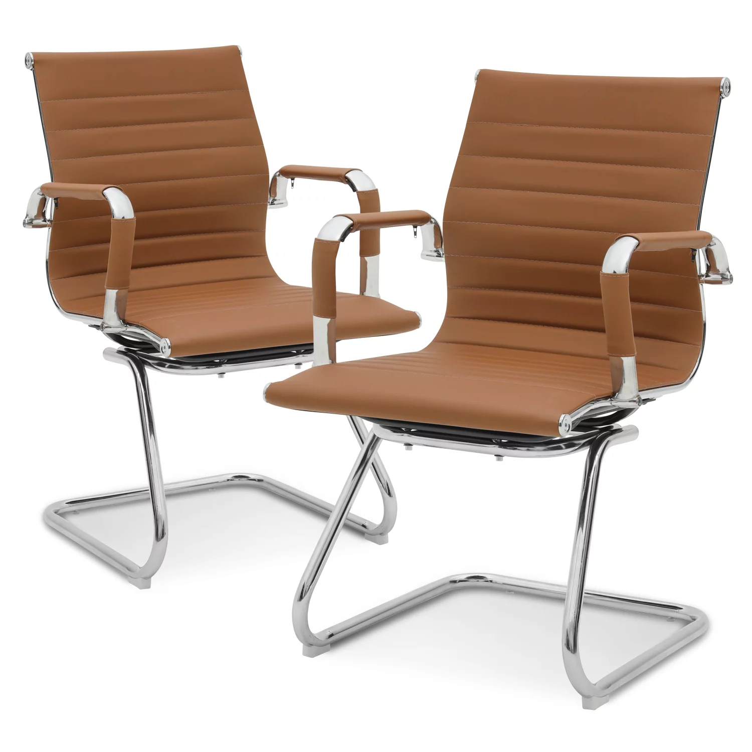 MoNiBloom Conference Chair Set of 2, Faux Leather Metal Sled Base Seat, for Reception Desk Meeting Room, Brown