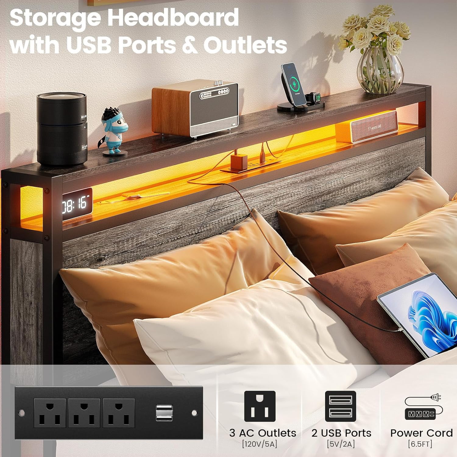 Homieasy Queen Size Bed Frame with LED Lights and 4 Storage Drawers, Industrial Platform Bed with Headboard and Charging Station, Steel Slat Support, No Box Spring Needed, Easy Assembly, Black Oak