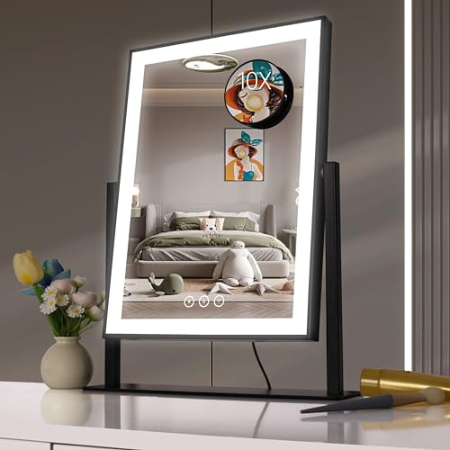 Vanity Mirror with Lights, Hollywood Vanity Makeup Mirror with 9 Dimmable LED Bulbs, 3 Color Lighting Modes, Detachable 10X Magnification, 360°Rotation,White