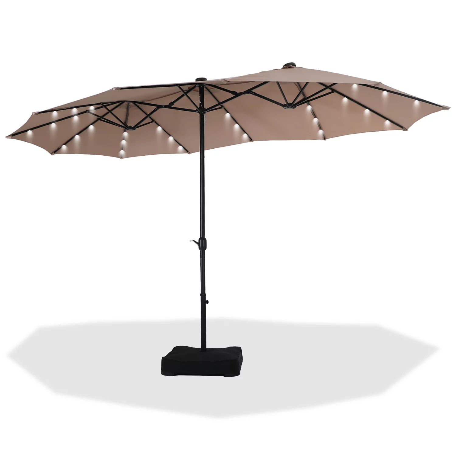 Summit Living 15ft Double-Sided Solar Patio Umbrella with Base Large Outdoor Table Umbrella with Crank Handle and 36 pcs LED lights, Beige