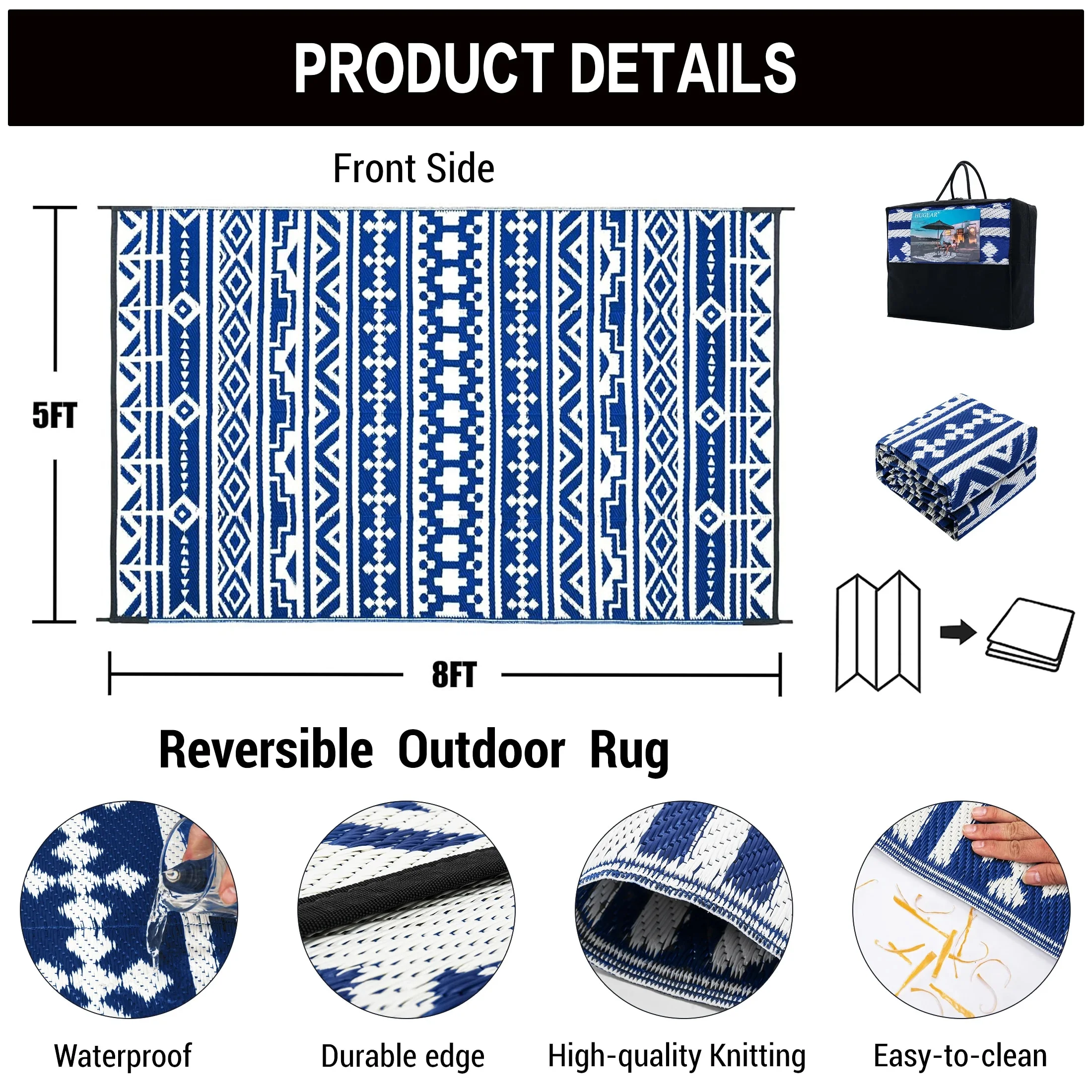 HUGEAR 5'x8' Outdoor Rugs Easy Clean Waterproof Plastic Straw Patio Boho Rugs for Deck,Camping,Beach,Picnic,Garden and Balcony,Black&White