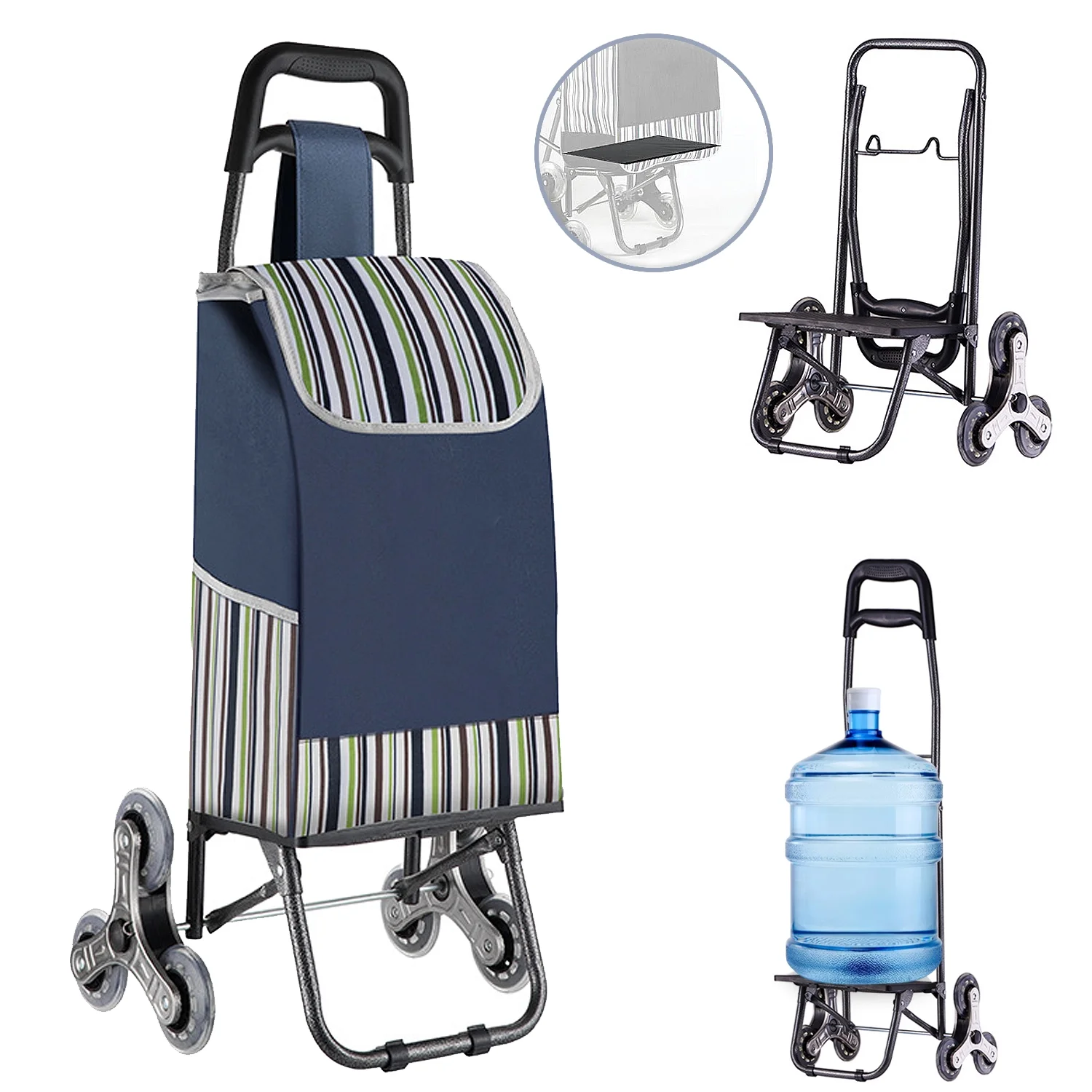 Folding Shopping Cart, Heavy Duty Grocery Cart with Wheels, Easy Stair-Climbing Large Utility Cart Trolley for Groceries, Laundry, Pantry, Garage,Stainless Steel Wheel,Blue