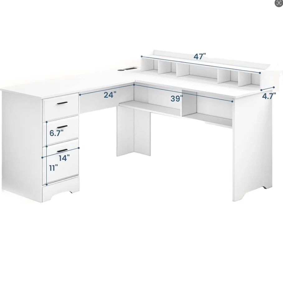 Desk Desk, white L-shaped, home executive desk, work desk, bedroom computer desk, writing desk, executive corner with file cabinet