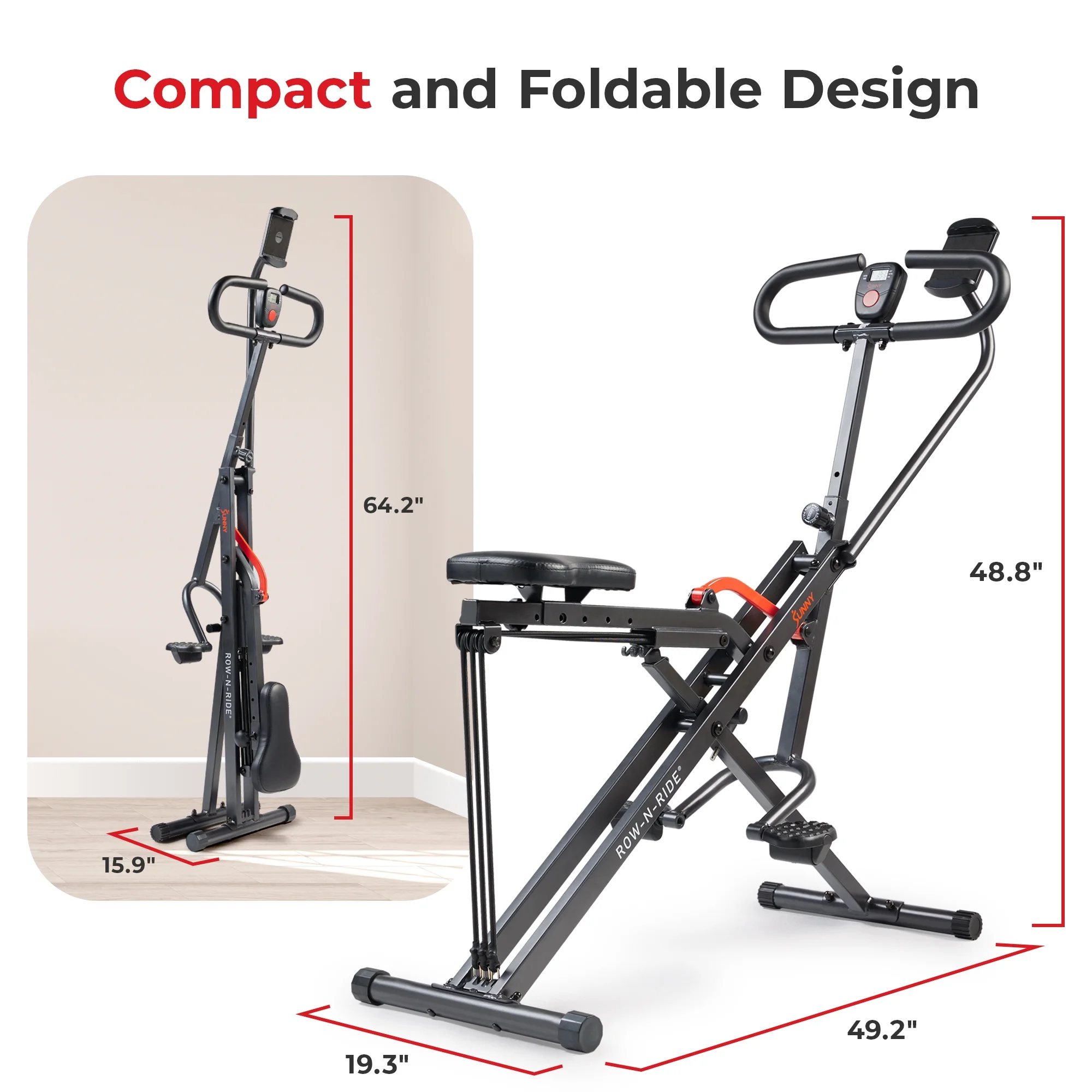 Sunny Health & Fitness Smart Upright Row-N-Ride™ Exerciser, Squat Assist Trainer for Glutes Workout with Adjustable Resistance, Easy Setup & Foldable, Glute & Leg Exercise Machine- NO. 077SMART