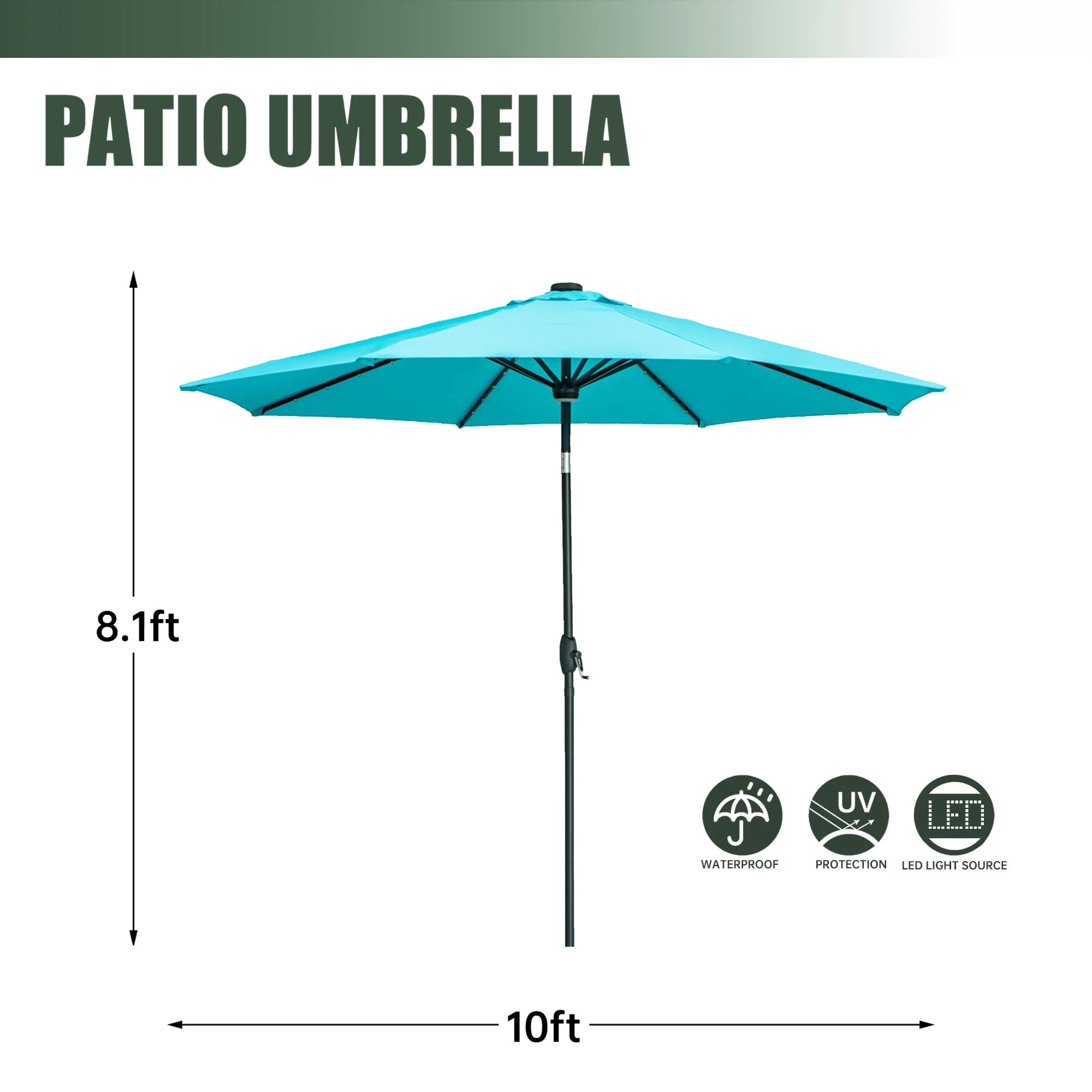 Autlaycil 10 ft Solar Patio Umbrellas with 40 LED lights for Market Outdoor Pool, Steel Tilt Crank, Blue
