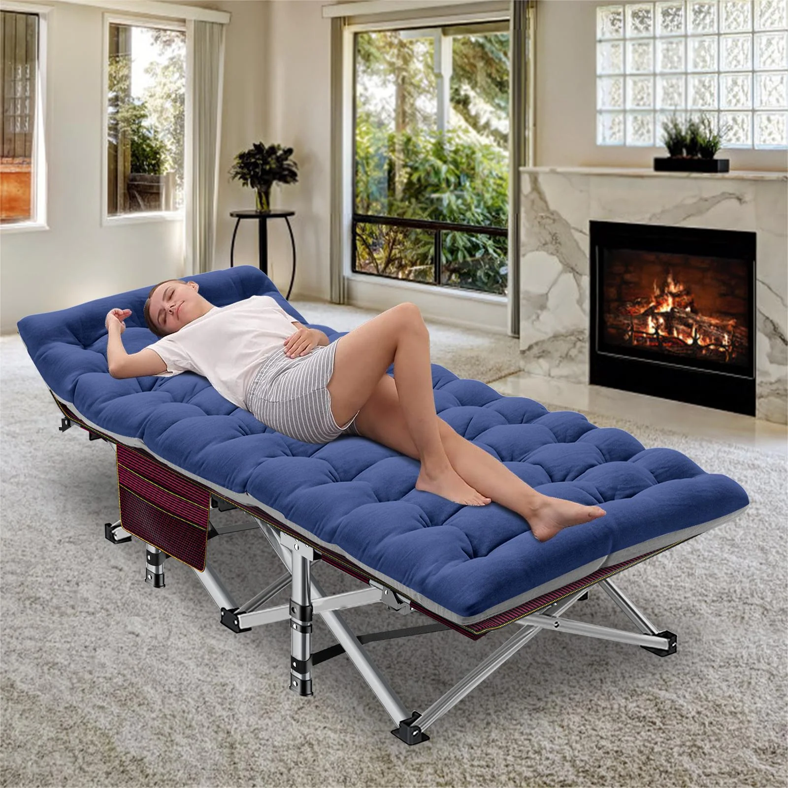 MOPHOTO Camping Cot, Portable Folding Cots for Adults, Heavy Duty Outdoor Sleeping Bed with Pearl Mattress&Carry Bag for Camping/Hiking/Home, 75