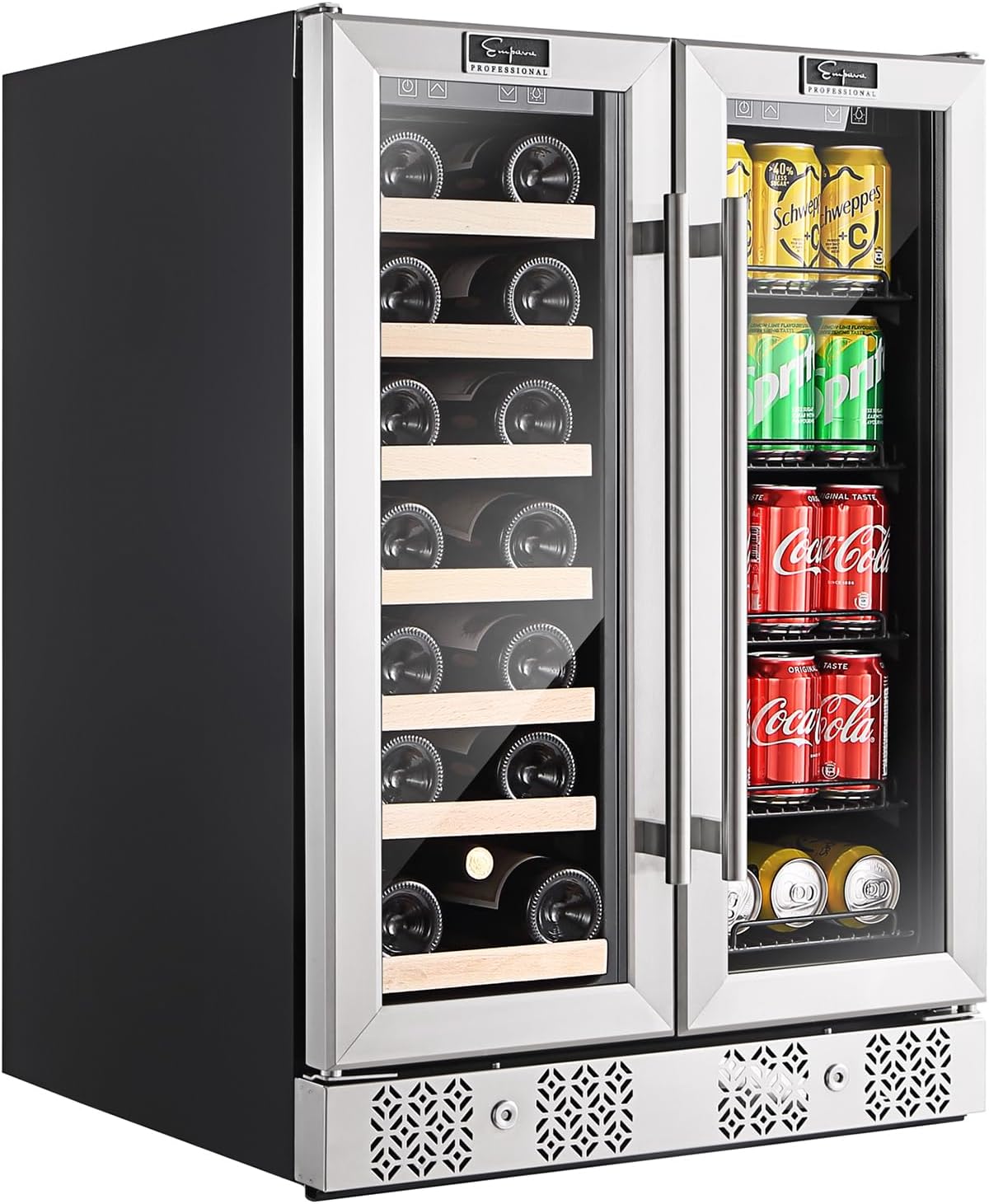Empava Wine and Beverage Refrigerator Cooler Dual Zone 24 inch, Built-in Counter or Freestanding Fridge with Glass Door and LED Light, 96 Cans and 33 Bottles Capacity, Silver