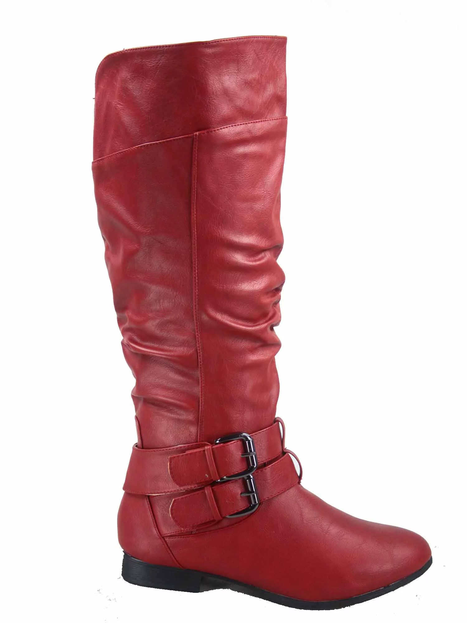 Coco-20 Women's Fashion Buckles Low Heel Round Toe Zipper Knee High Riding Boots