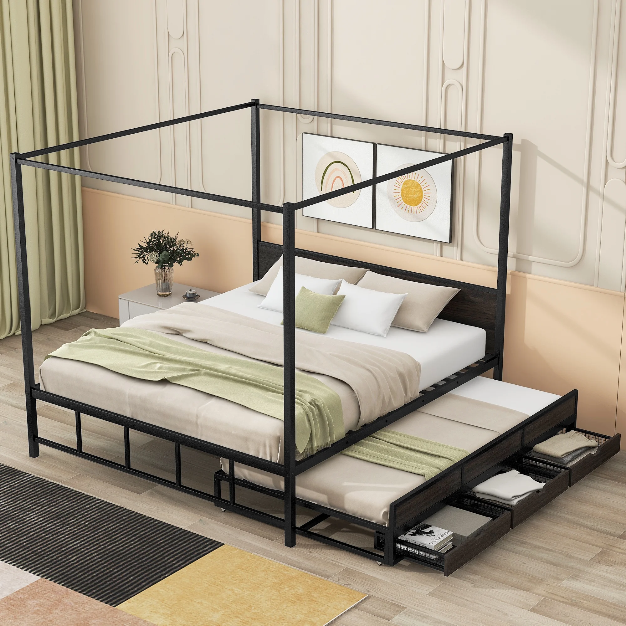Churanty Queen Size Canopy Platform Bed with Trundle, Metal Four-Poster Canopy Bed Frame with for 3 Storage Drawers for Bedroom,Black