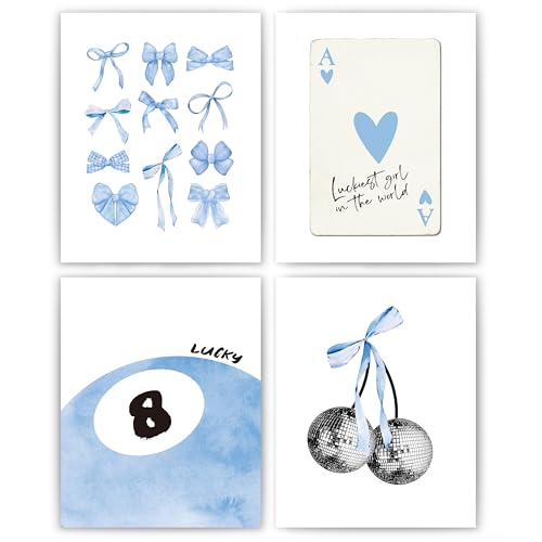 okaxscm Pink Coquette Trendy Preppy Wall Art Prints Set of 4, Coquette Room Decor, Preppy Room Decor Aesthetic, Pink Bow Disco 8 Ball Cherry Wall Decor Posters for Girls Bedroom Dorm, 8x10 Unframed