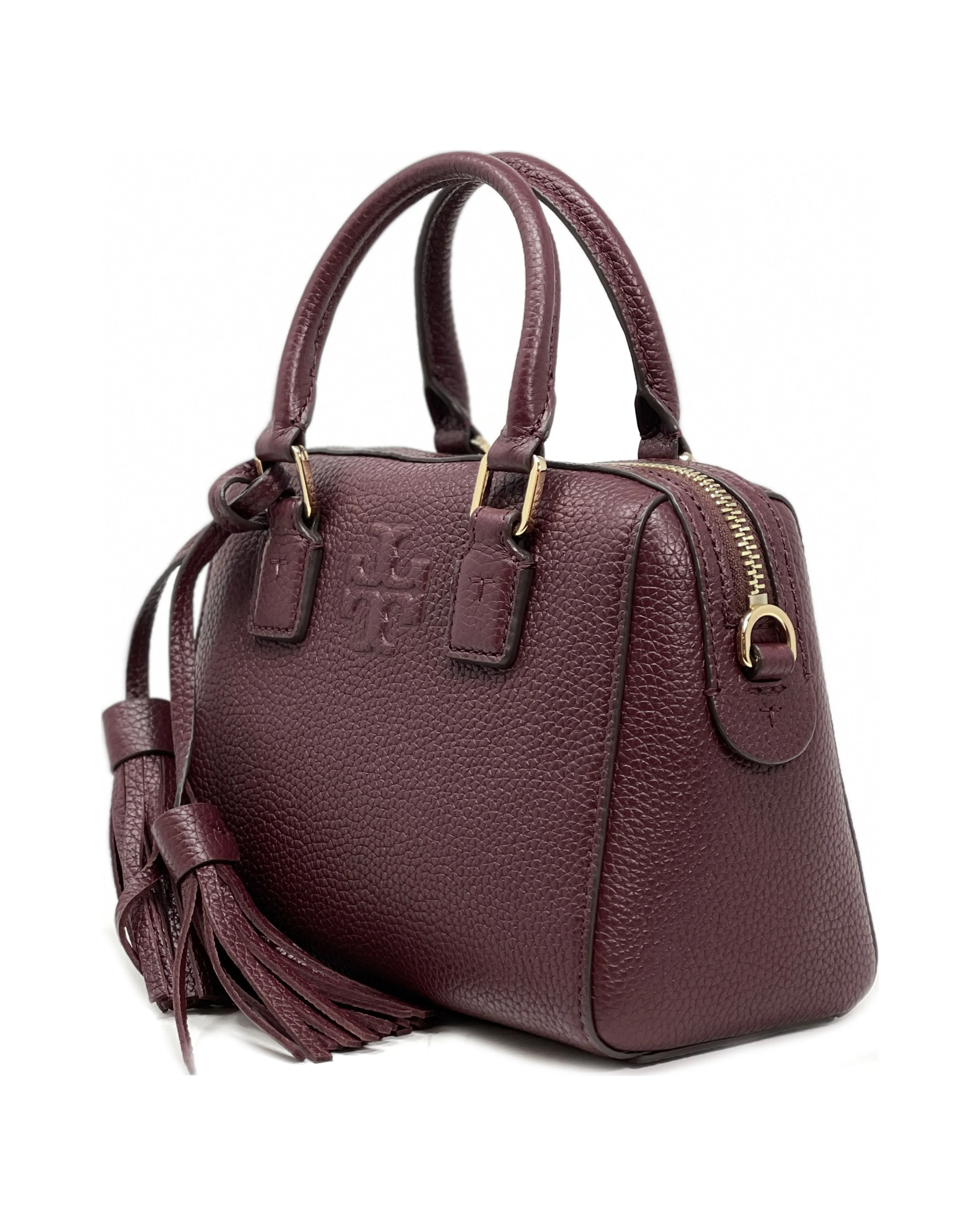 Tory Burch Women's Thea Pebbled Leather Mini Web Satchel (Claret)
