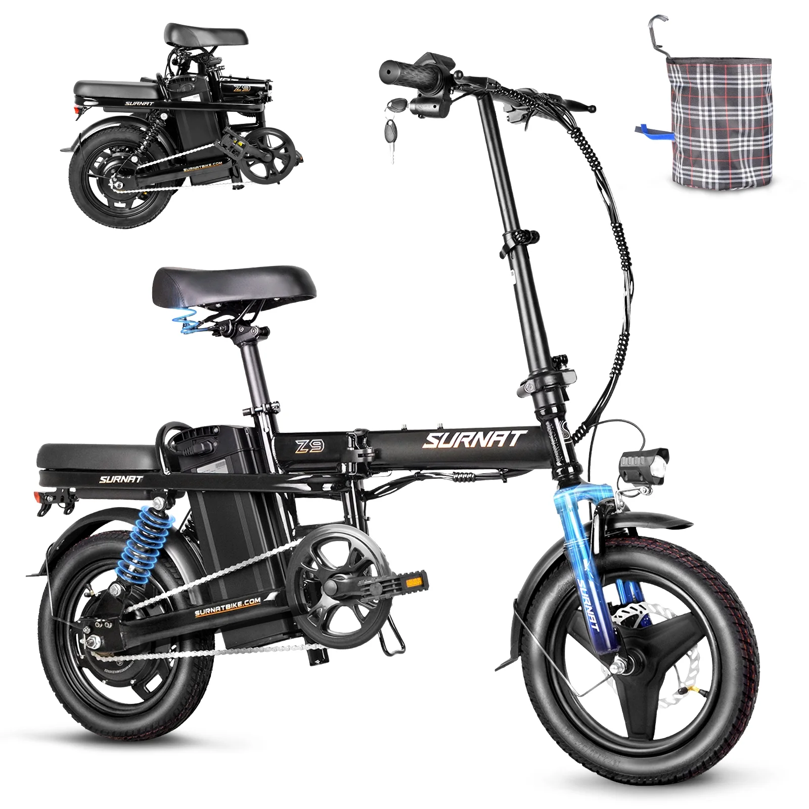 SURNAT Z9 Folding Electric Bike Full Suspension 400W (Peak 600W) 48V 13Ah Removable Battery 23MPH 14