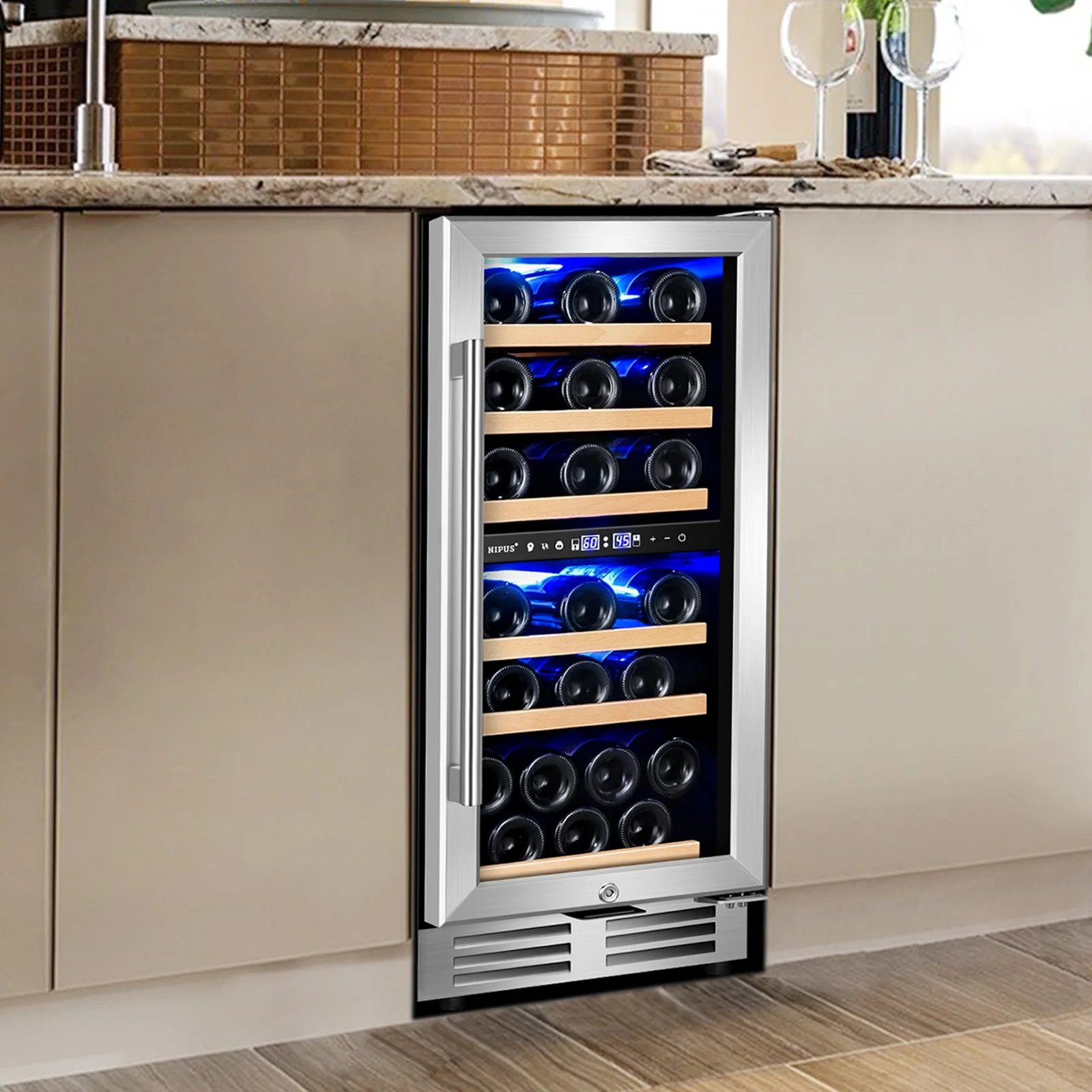 Nipus 15 Inch Wine Cooler Refrigerator 30 Bottle Under Counter Fast Cooling Low Noise Wine Fridge ,Built-in or Freestanding
