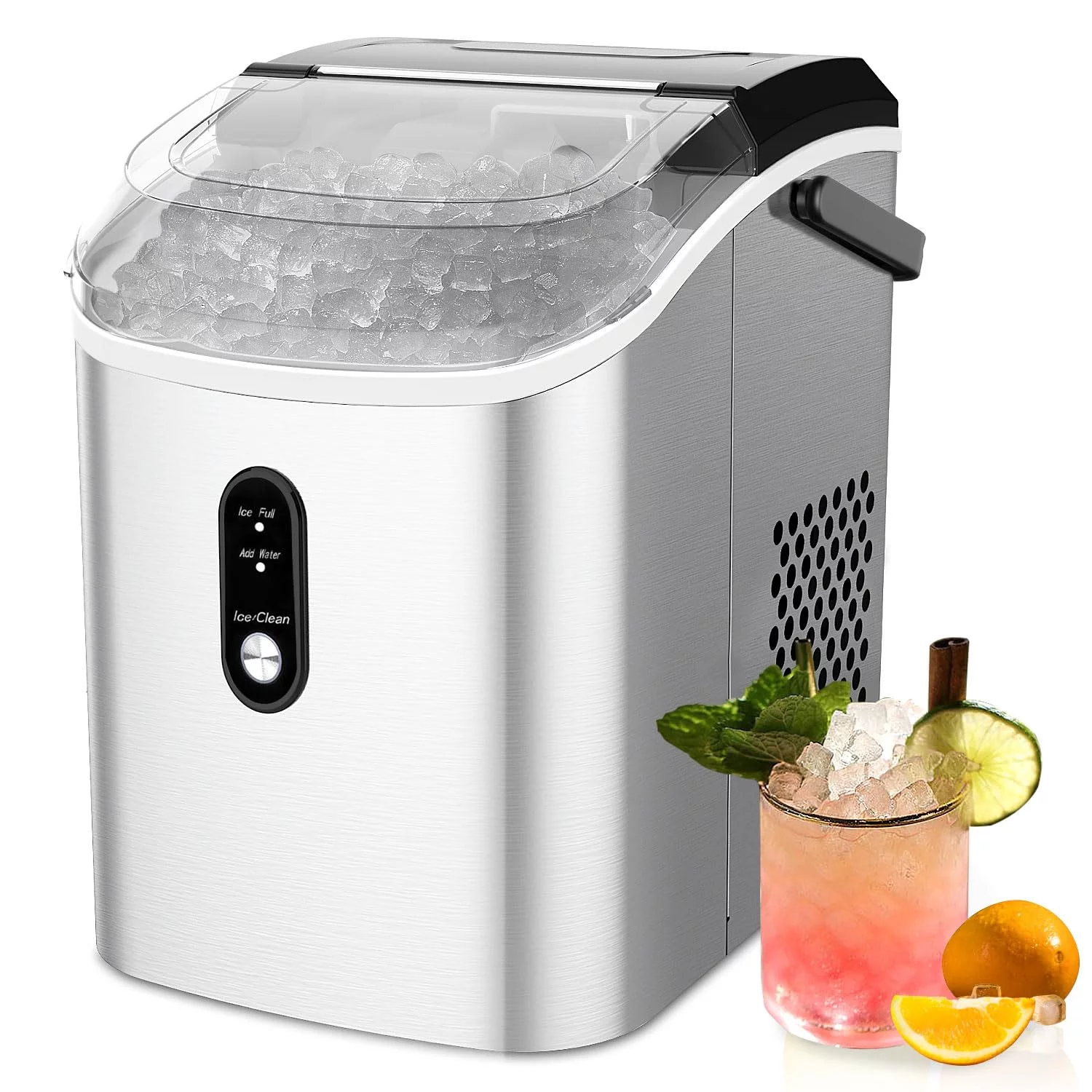 Nugget Ice Maker Countertop,33lbs/Day, Pellet ice Maker,a Basket in 1.5 Hour, Self-Cleaning, One-Click Design, Compact Crushed Ice Maker with Chewy Ice for Home Bar Party，Silver
