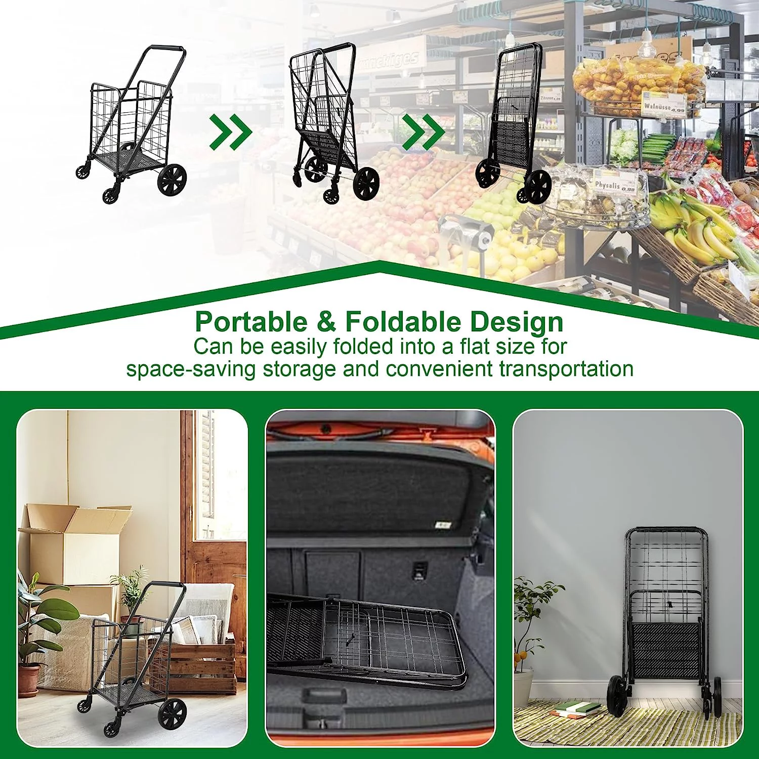 Grocery Shopping Cart with Swivel Wheels & Wide Cushion Handle, Folding Compact Utility Cart for Groceries Luggage Laundry Travel, 77lb Capacity