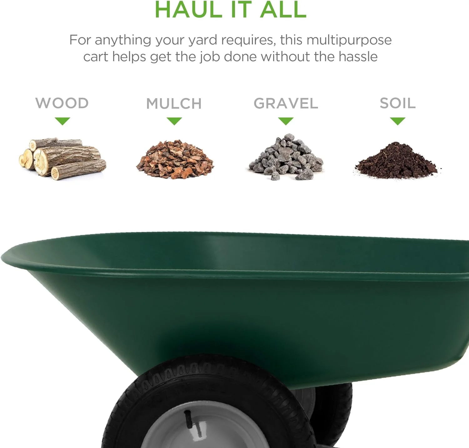 Dual-Wheel Home Utility Yard Wheelbarrow Garden Cart w/Built-in Stand for Lawn, Gardening, Grass, Soil, Bricks, and Construction, Green