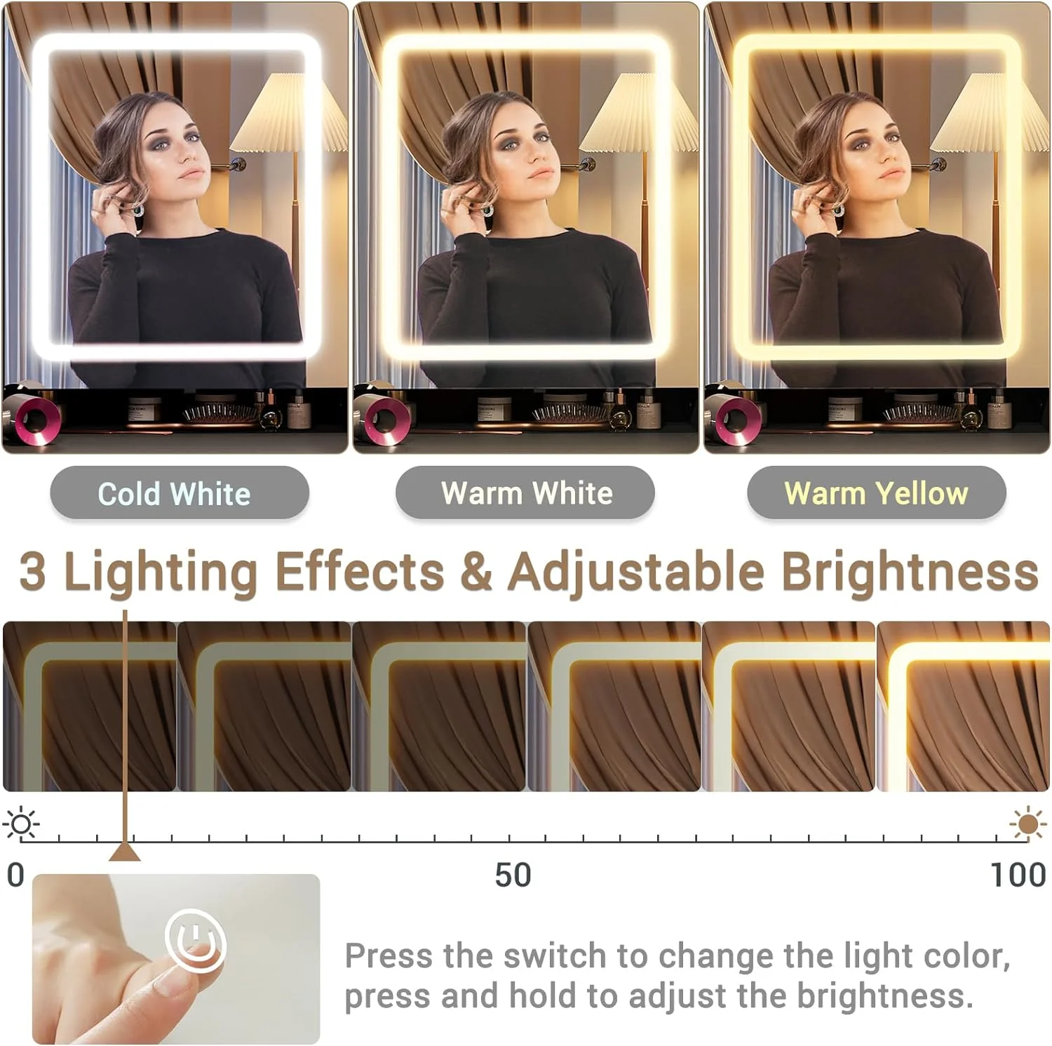 Makeup Desk with Lighted Mirror and Charging Station, Corner Vanity Set with Storage Stool and Rotating Shelves, Black