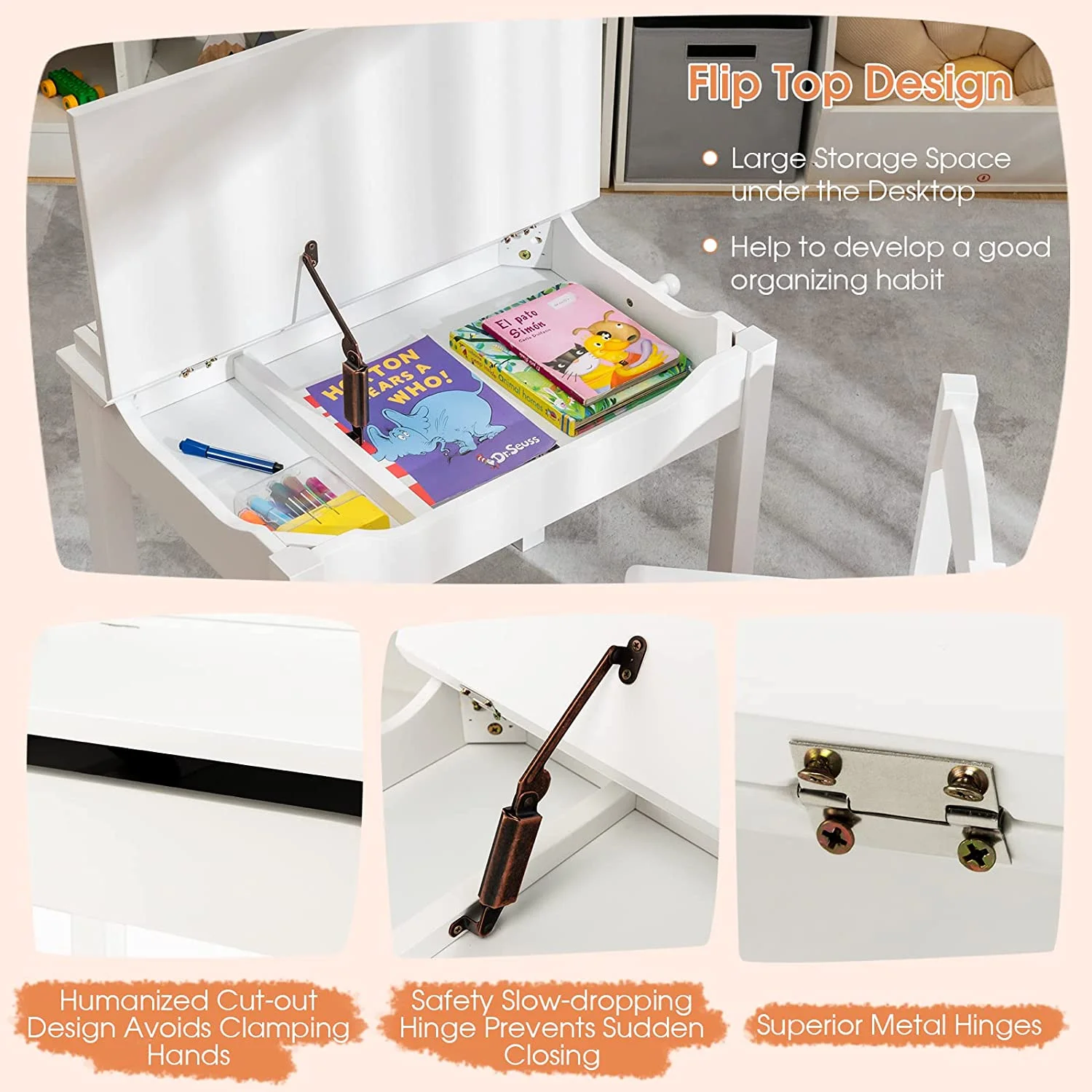 Kids Table and Chair Set, Flip Top Toddler Study Desk w/Chair for Playroom & Nursery, Wood Activity Table Set w/Storage Space, Safety Hinge, Pull-Out Drawer & Hook for Arts, Crafts (White)