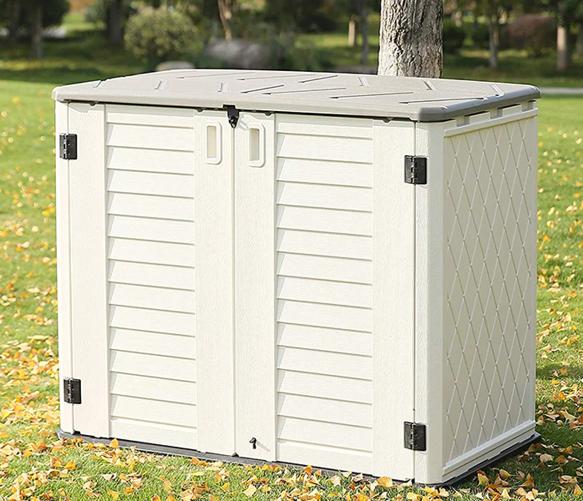 KINYING 4.2'x3.4'ft. Outdoor Large Horizontal Storage Shed, Weather Resistant Resin Tool Shed, Multi-Opening Door for Easy Storage of Trash Cans, Garden Tools, Lawn Mowers, Waterproof, Lock